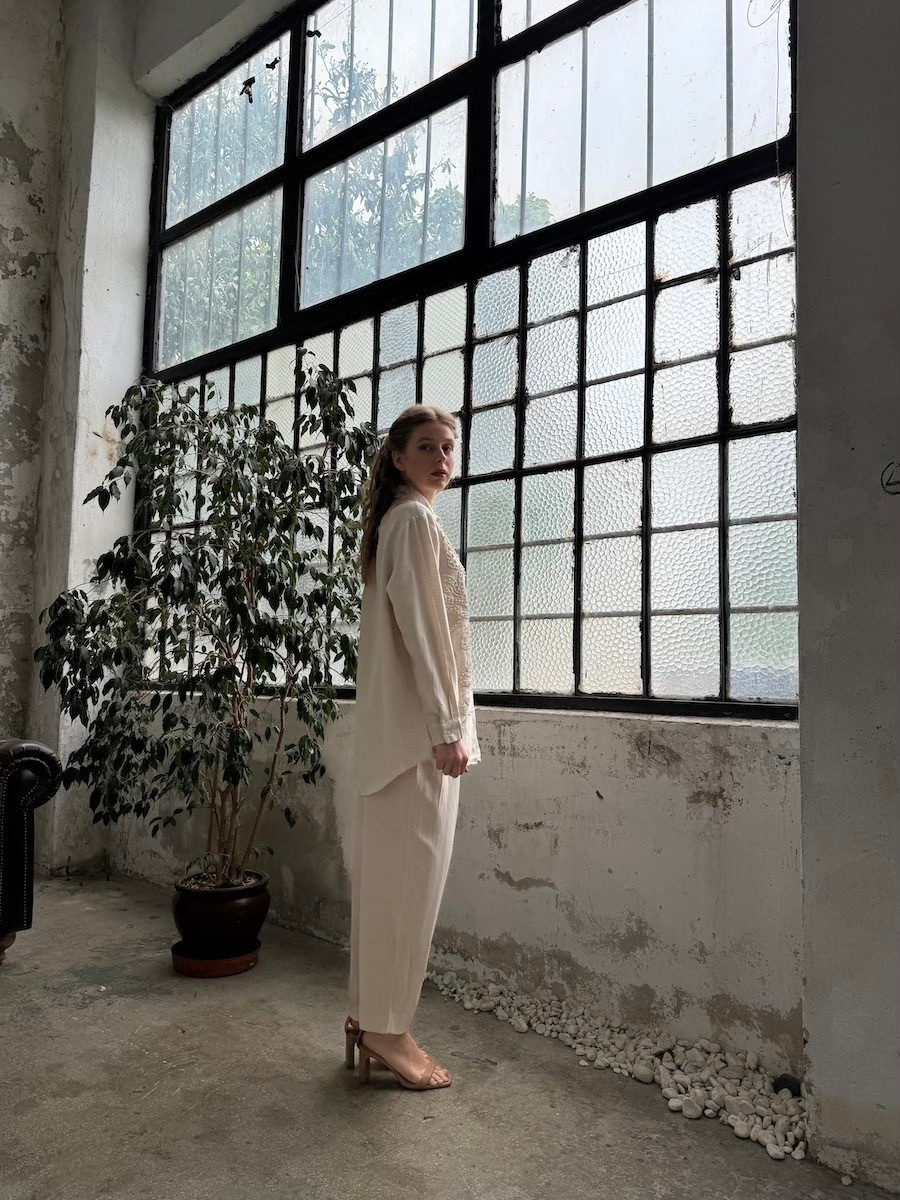 İncili Keten Oversize Gömlek