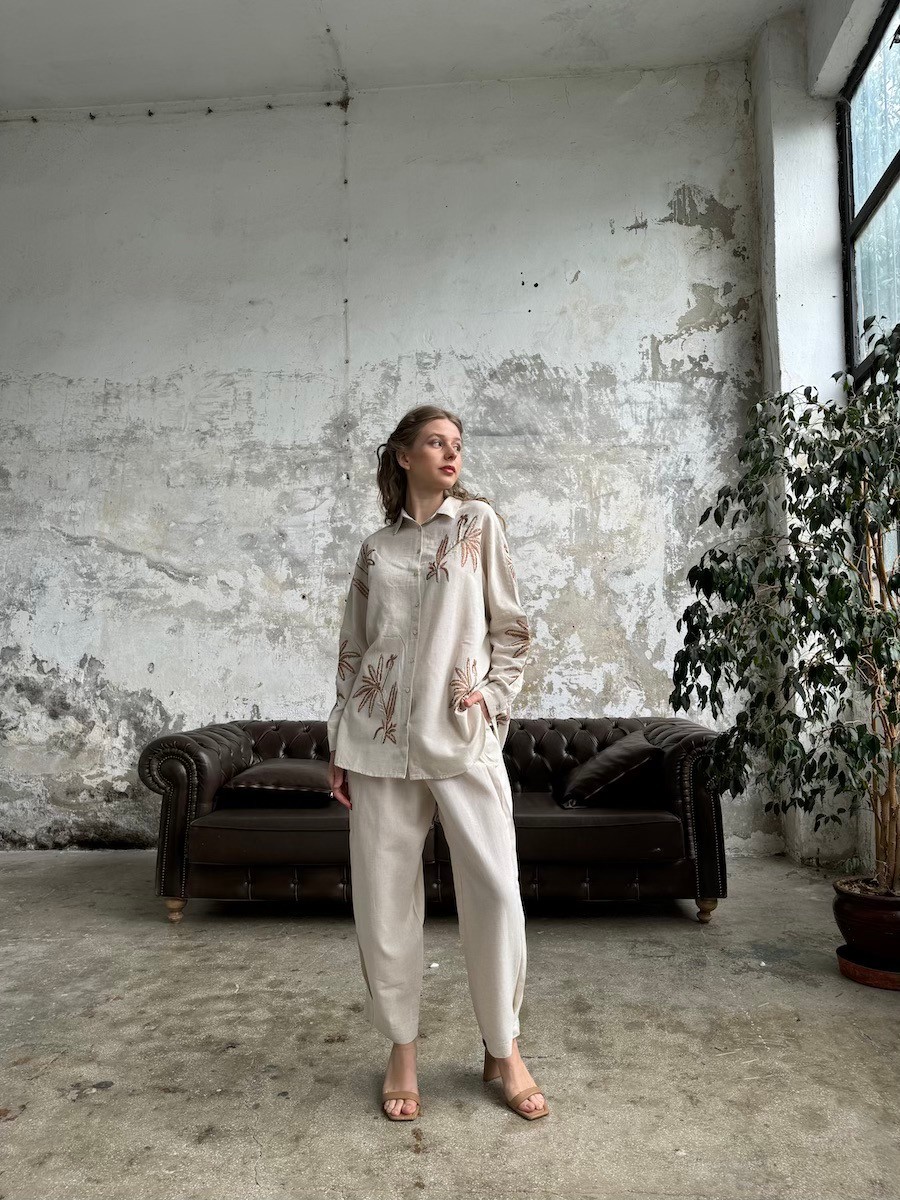 Palmiye Nakışlı Keten Oversize Gömlek