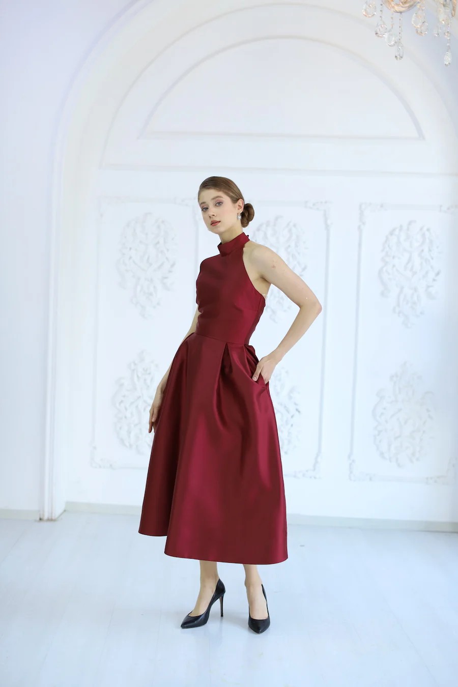 Halter Yaka Midi Boy Elbise - BORDO