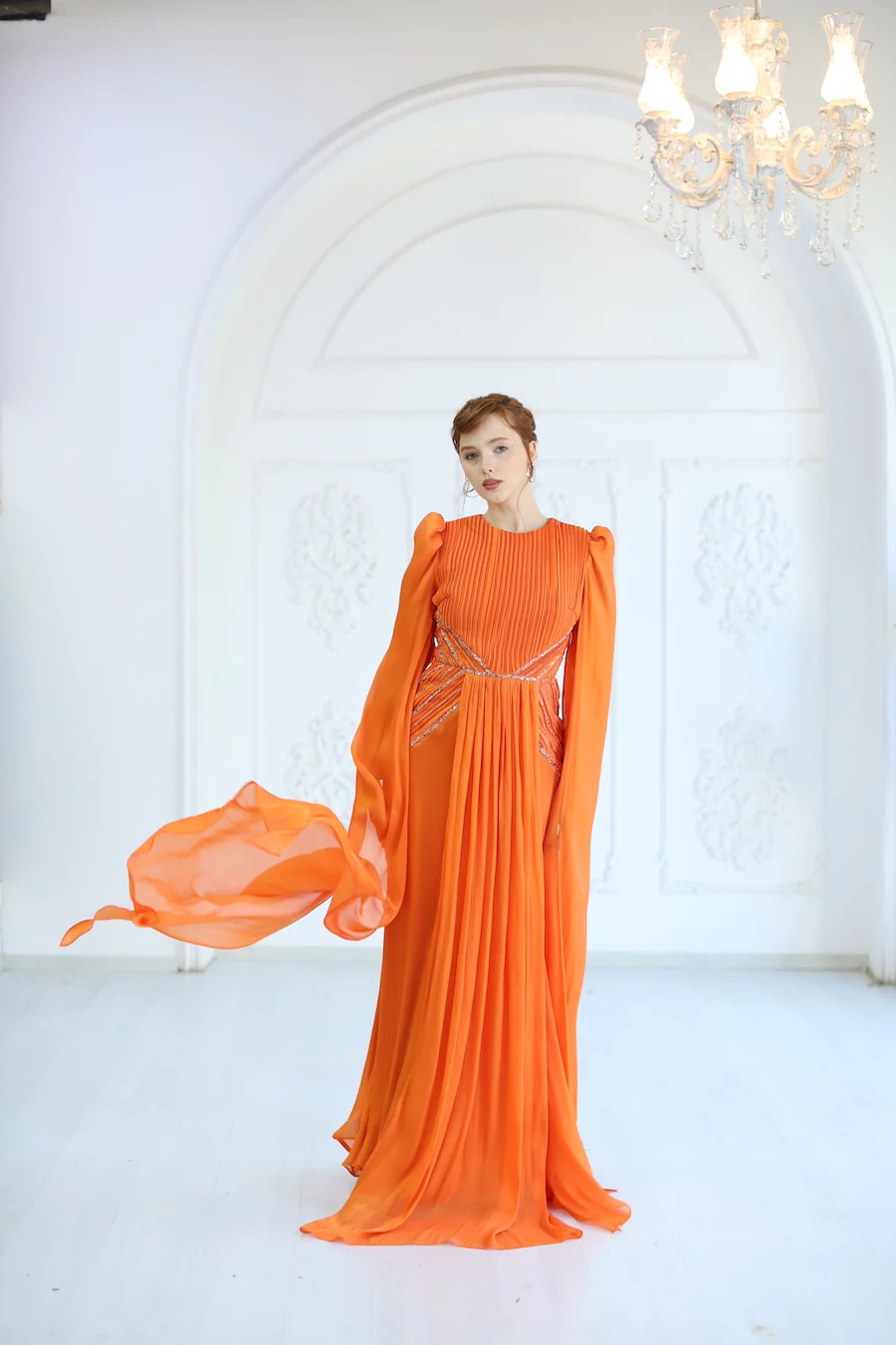 Omzu Şallı Abiye Elbise - ORANJ