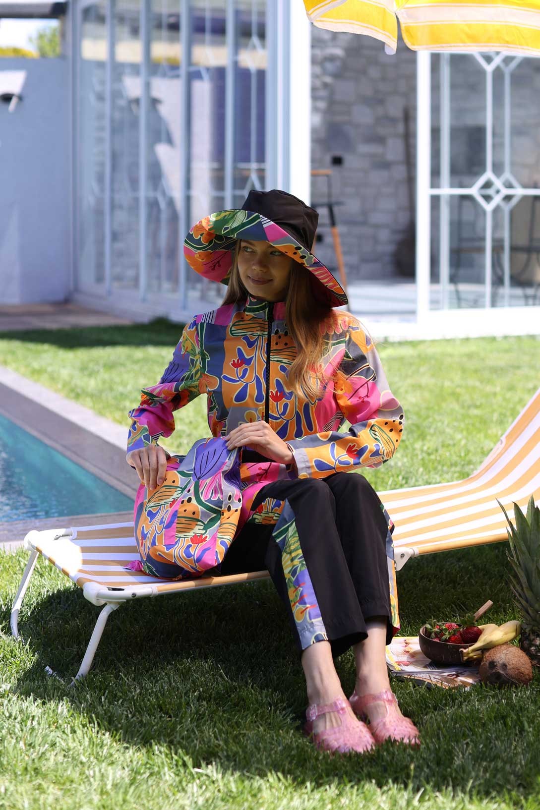 Pineapple Patterned Black Hooded Hijab Swimsuit