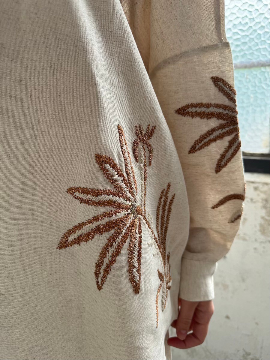 Palmiye Nakışlı Keten Oversize Gömlek