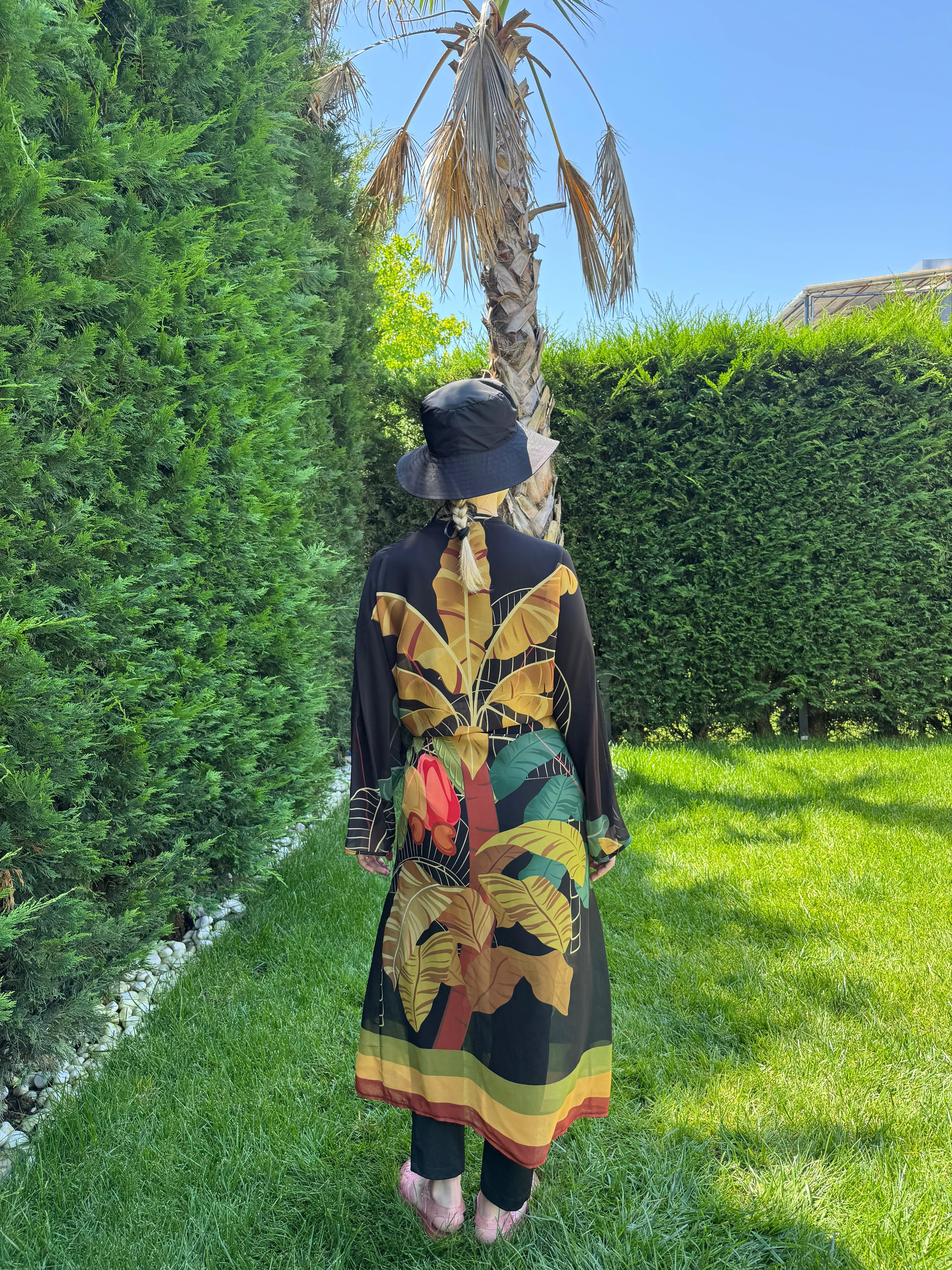 Siyah Palmiye Desen Şifon Kimono