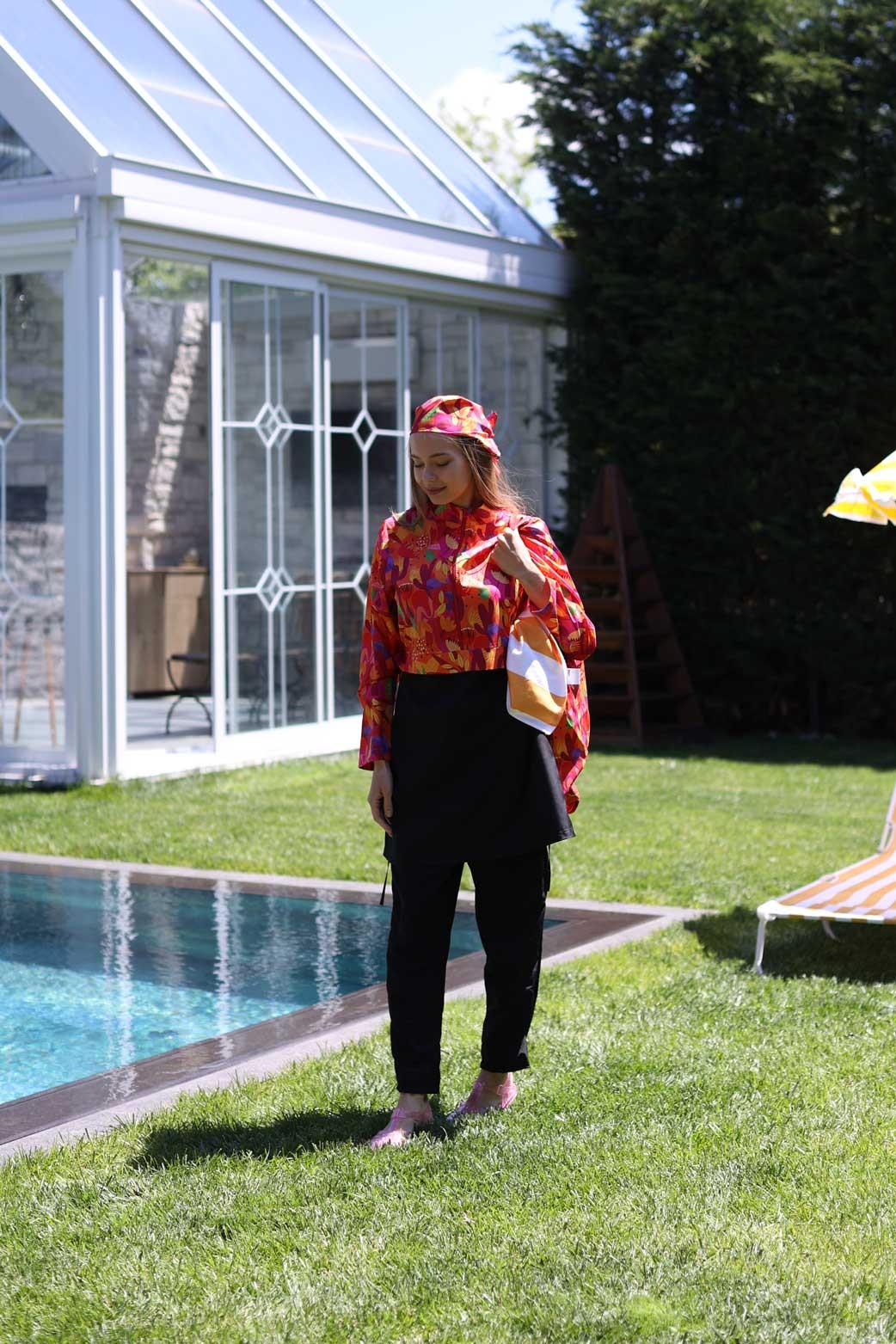 Pineapple Patterned Black Hooded Hijab Swimsuit