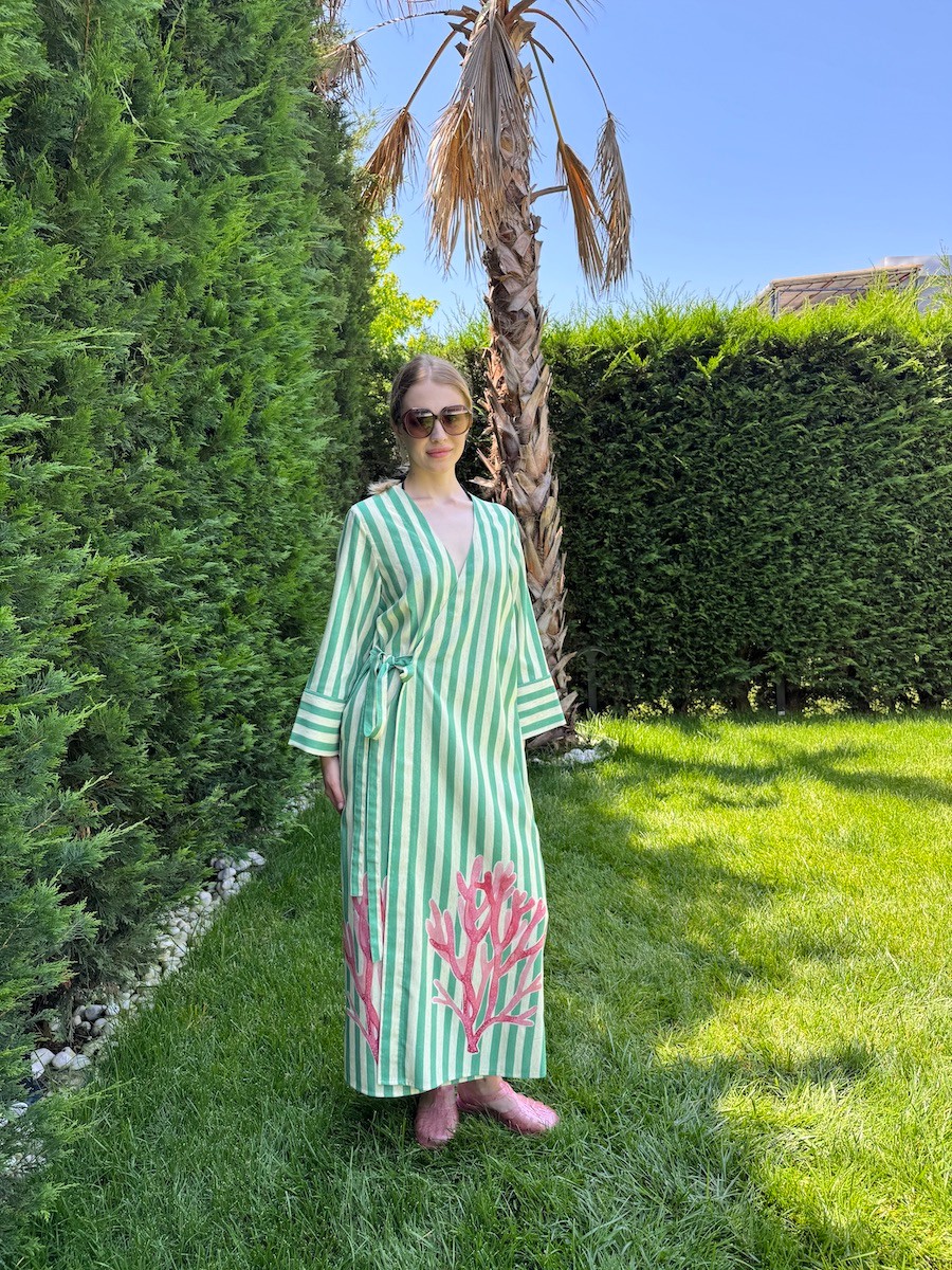 Standart Beden Yeşil Çizgili Mercan Keten Kimono