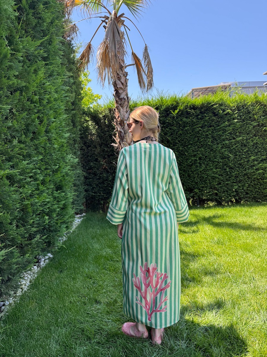 Standart Beden Yeşil Çizgili Mercan Keten Kimono