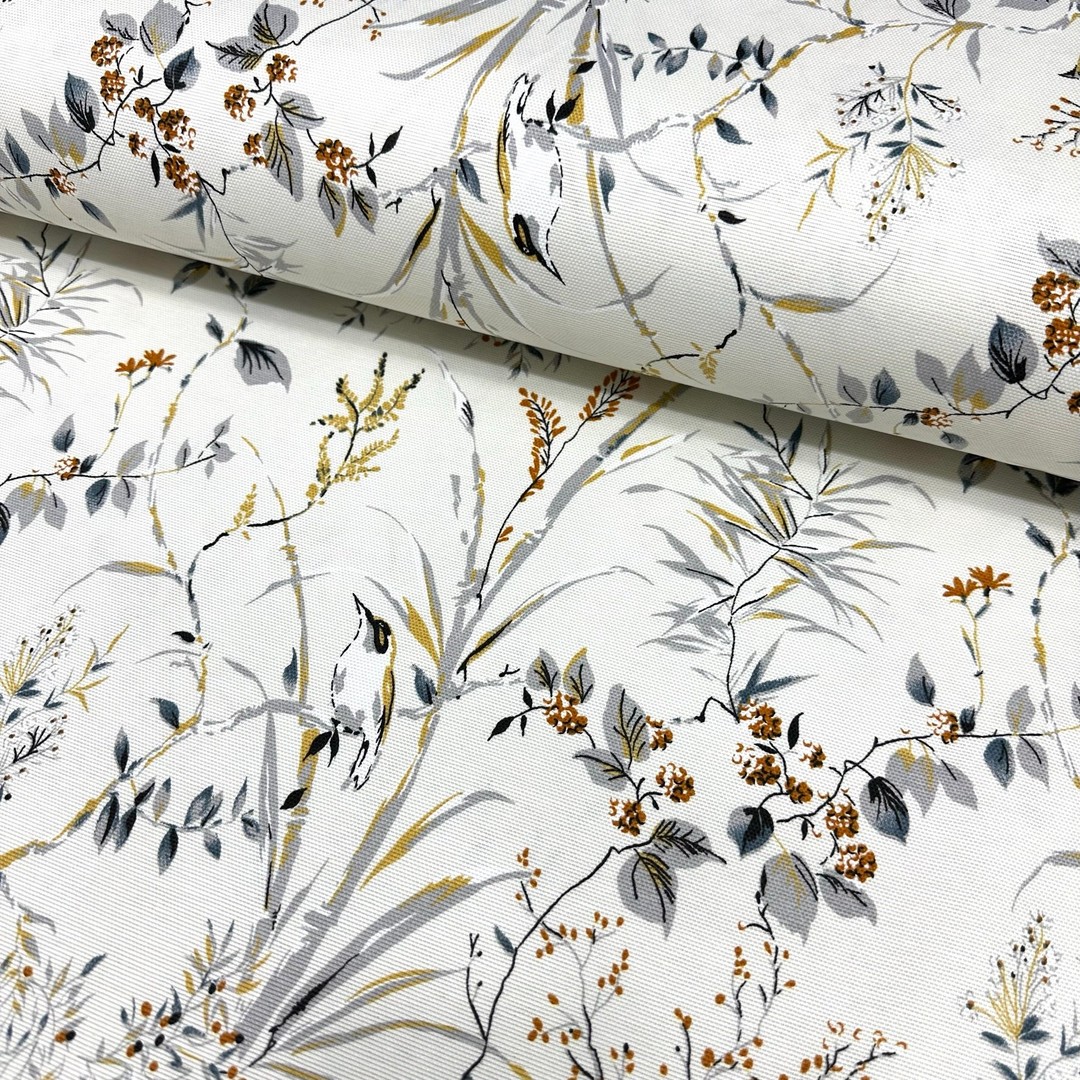 Fine Branches And Birds Panama Linen Fabric | Fabricania