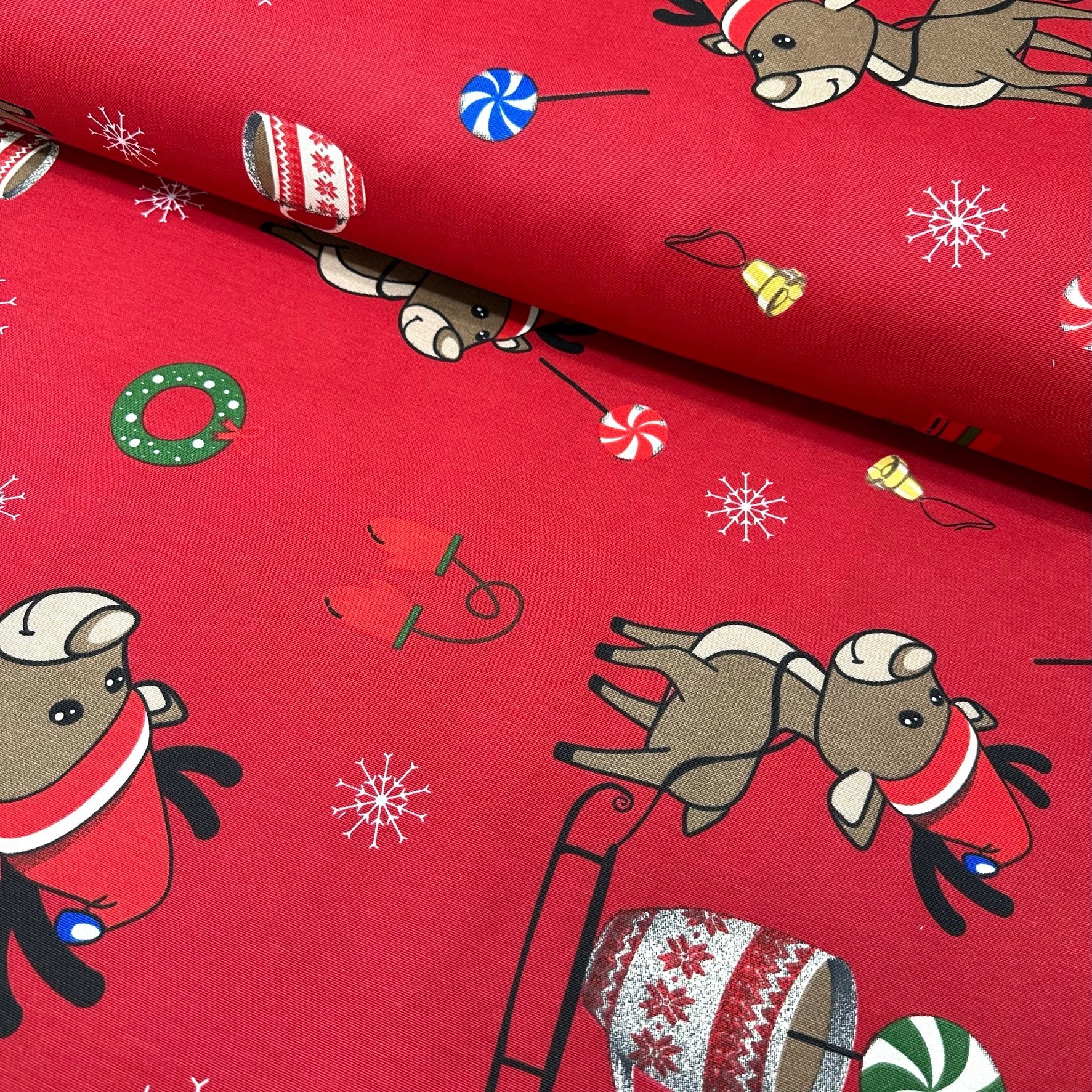 Christmas Sled Deers Panama Linen Fabric