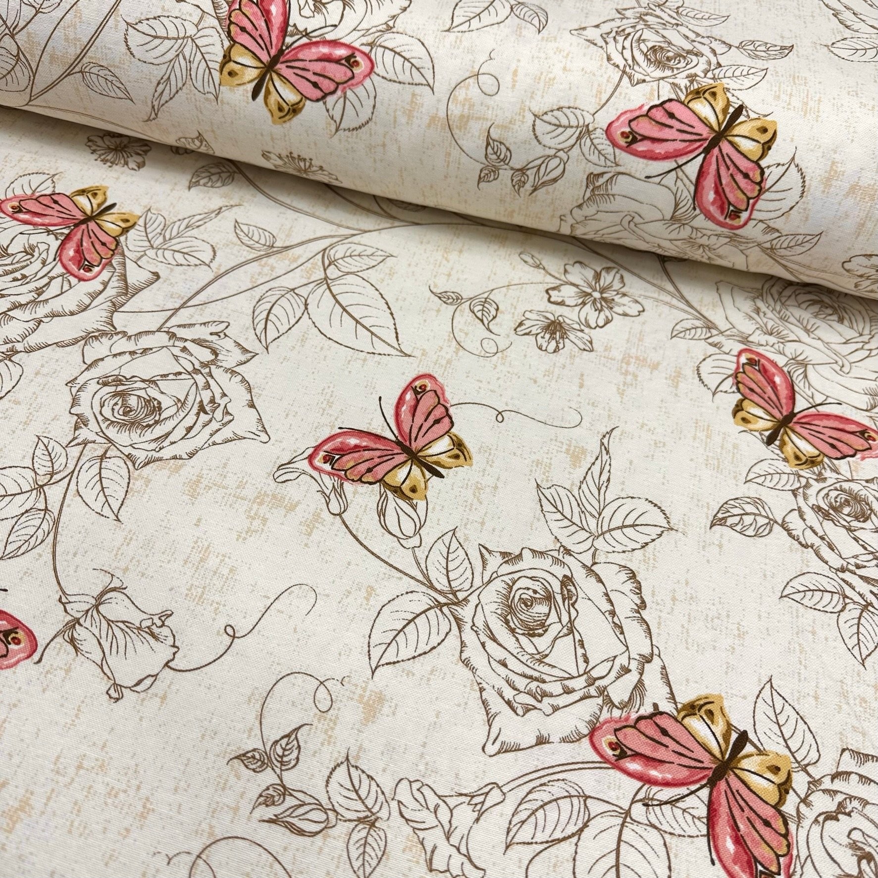 Butterflies Between Flowers Panama Linen Fabric