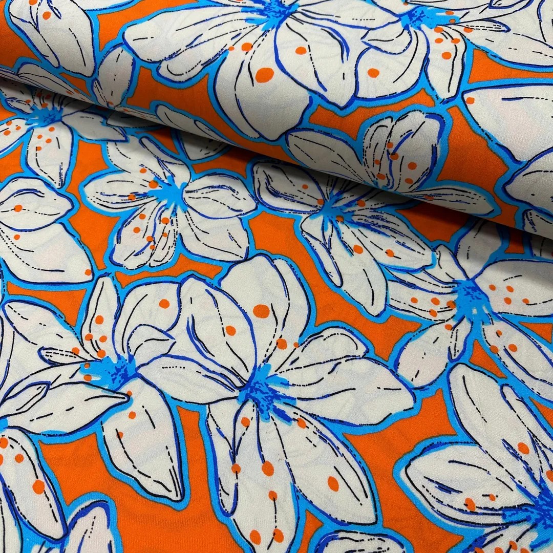 Bordered White Flowers Viscose Fabric