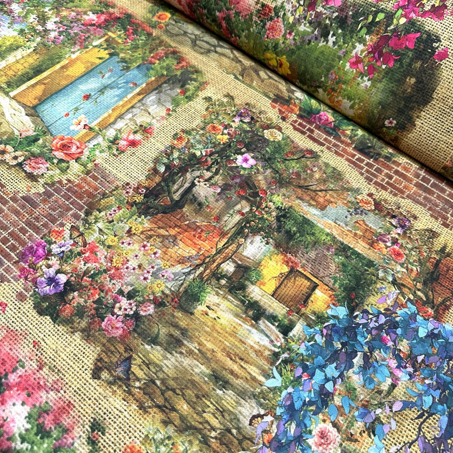 Jute Stone Houses Digital Printing Fabric