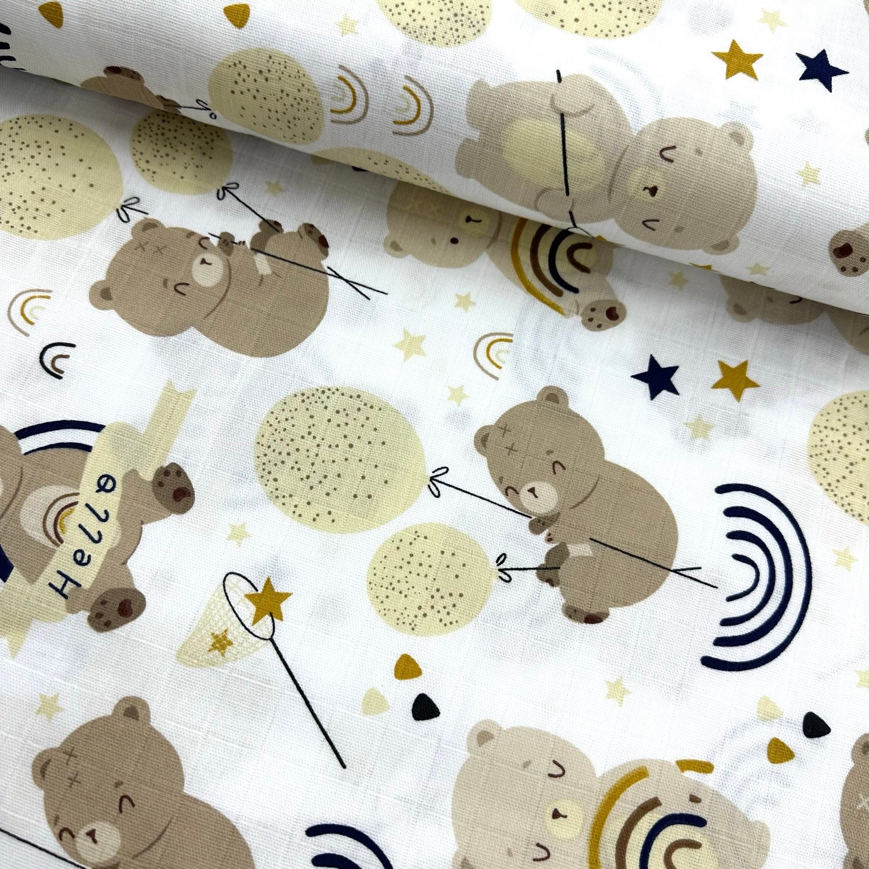 Beige Balloon Bear Muslin Cloth Fabric