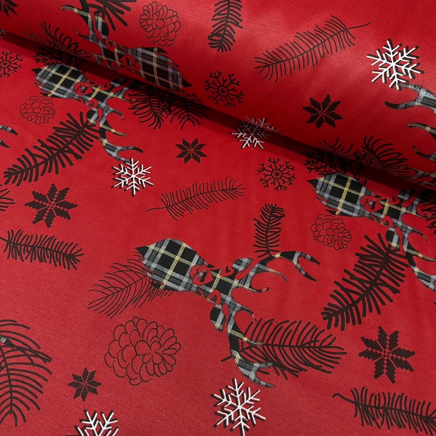 Chrismtas Plaid Deers Panama Linen Fabric