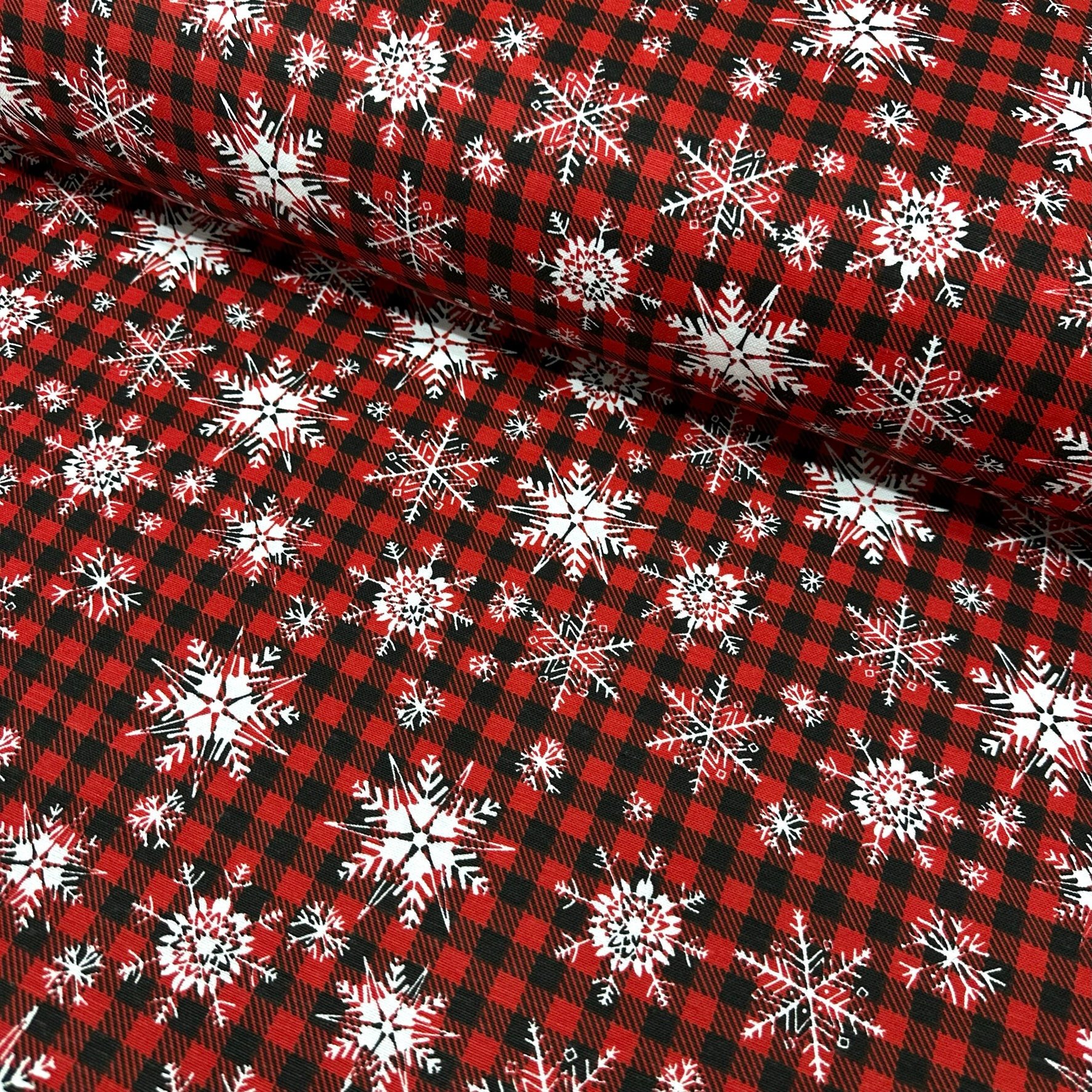 Christmas Squares and Snowflakes Panama Linen Fabric