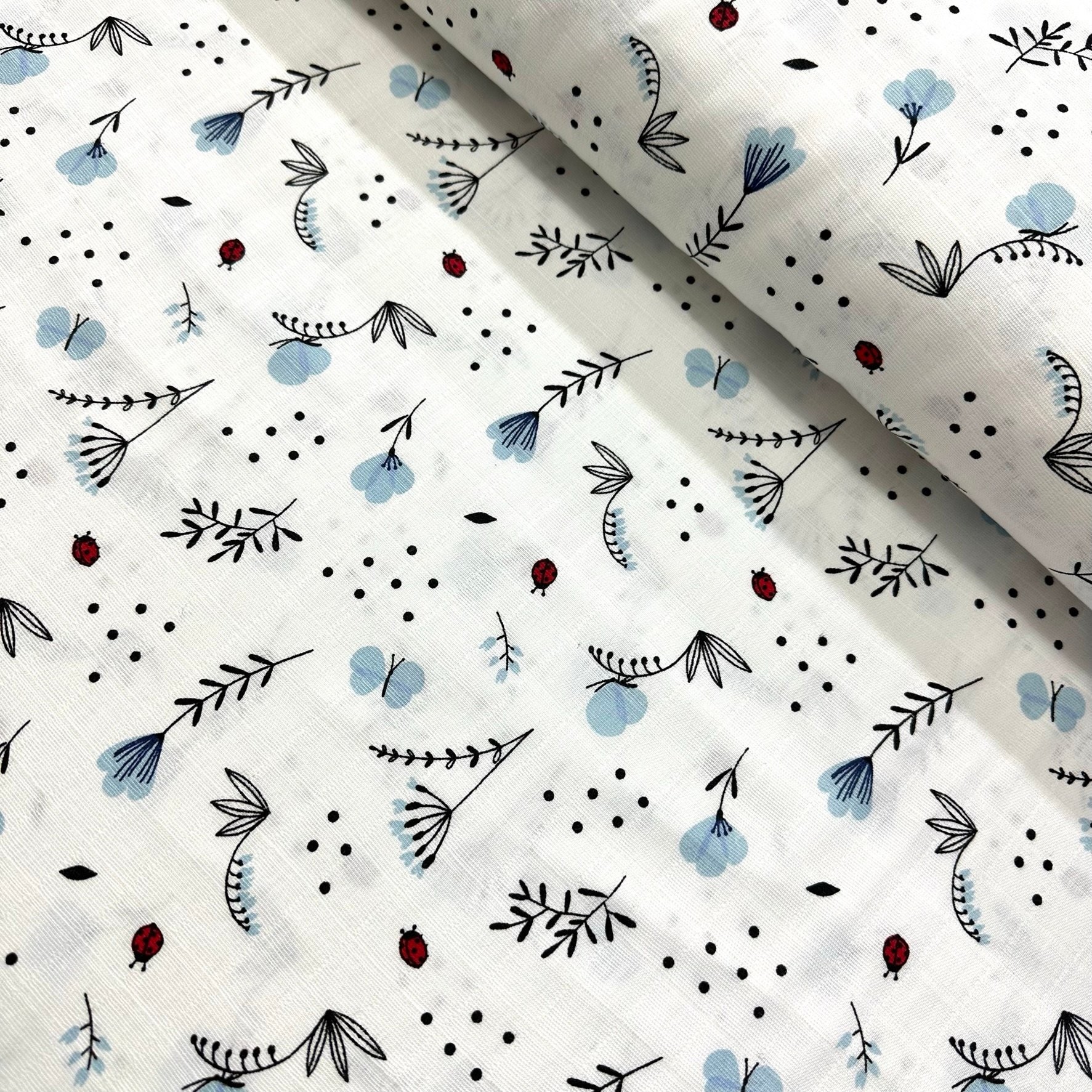 Ladybug And Flowers Muslin Cloth Fabric