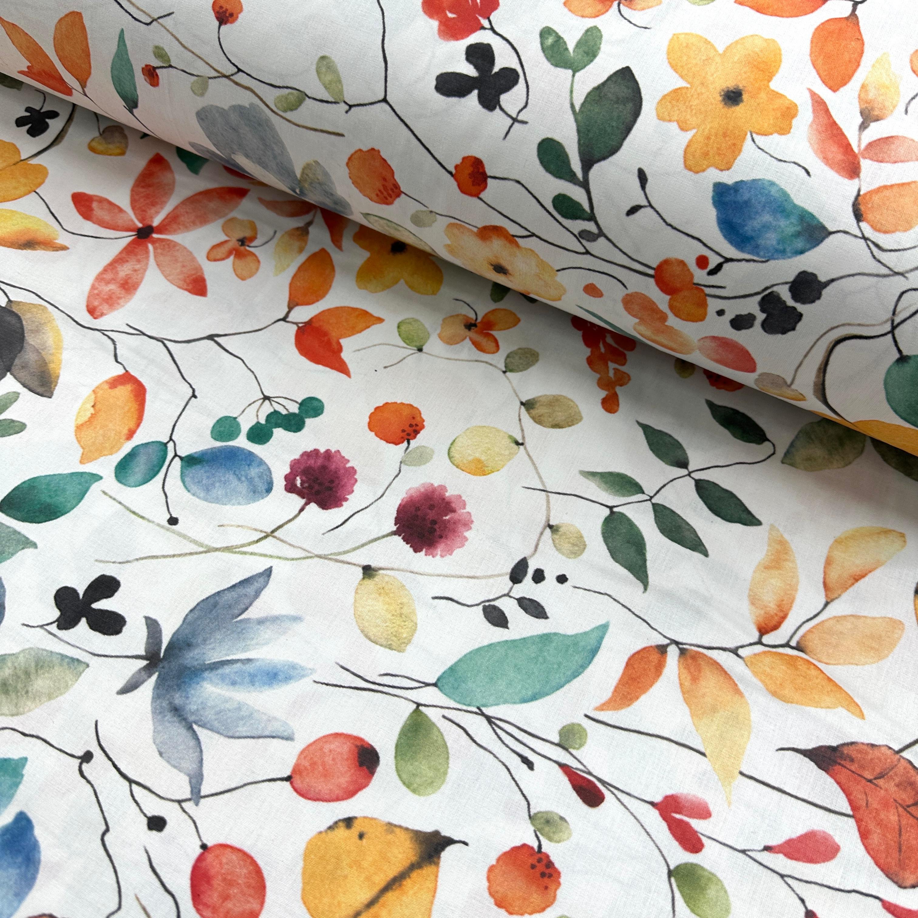 Multicolored Leaves and Flowers Poplin Fabric