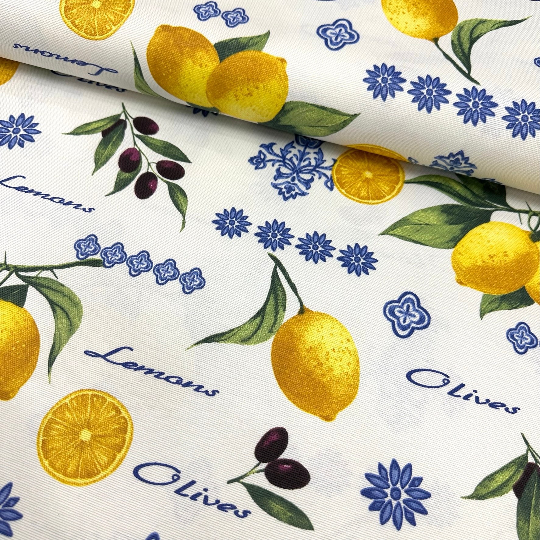 Lemons And Olives Panama Linen Fabric