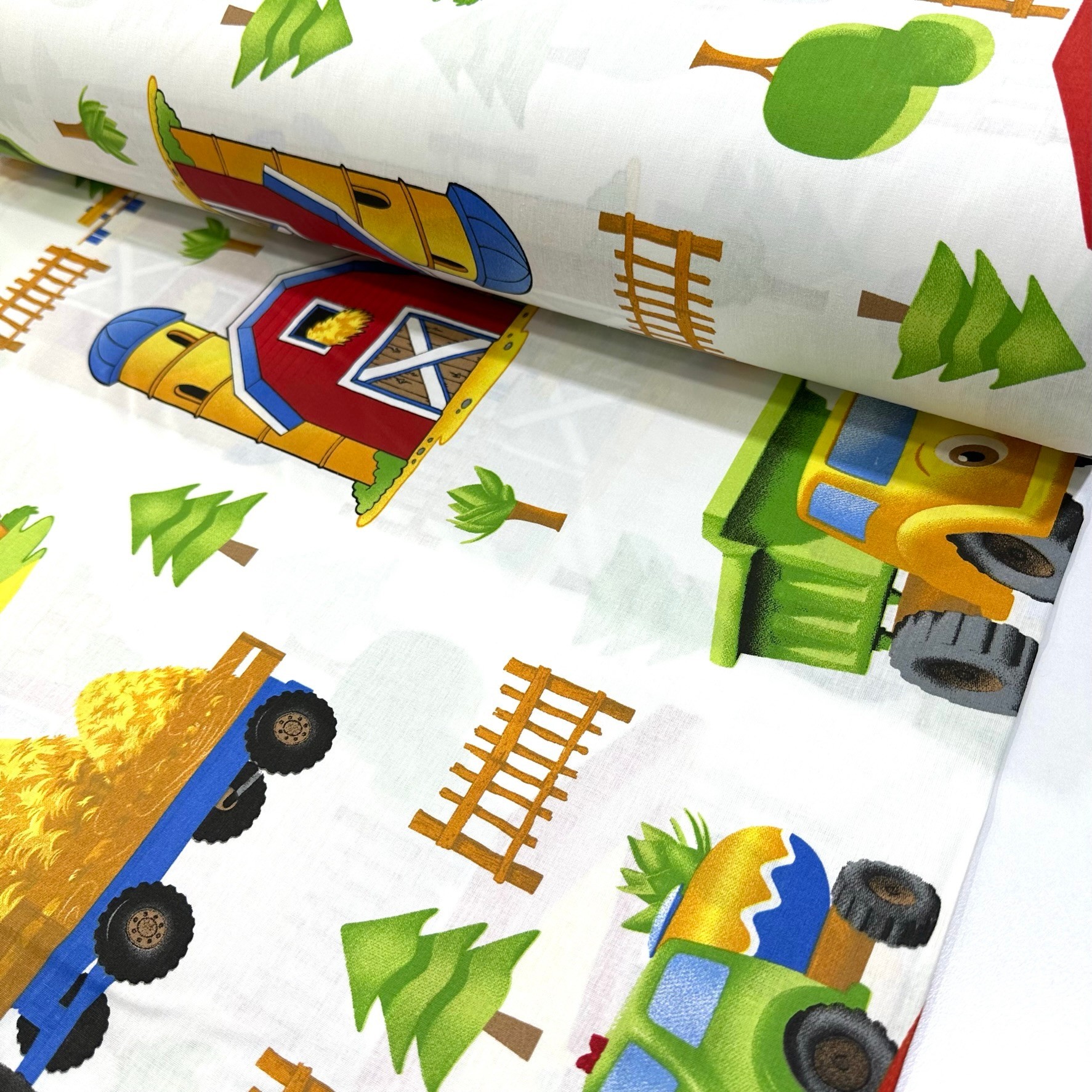 Farm With Tractor Poplin Fabric