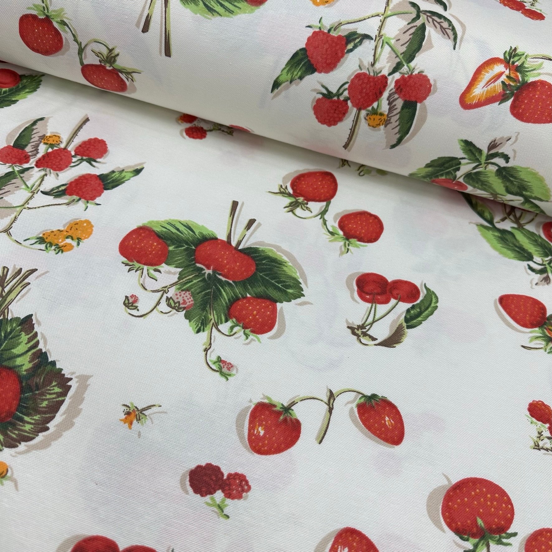 Strawberry And Cherry Panama Linen Fabric