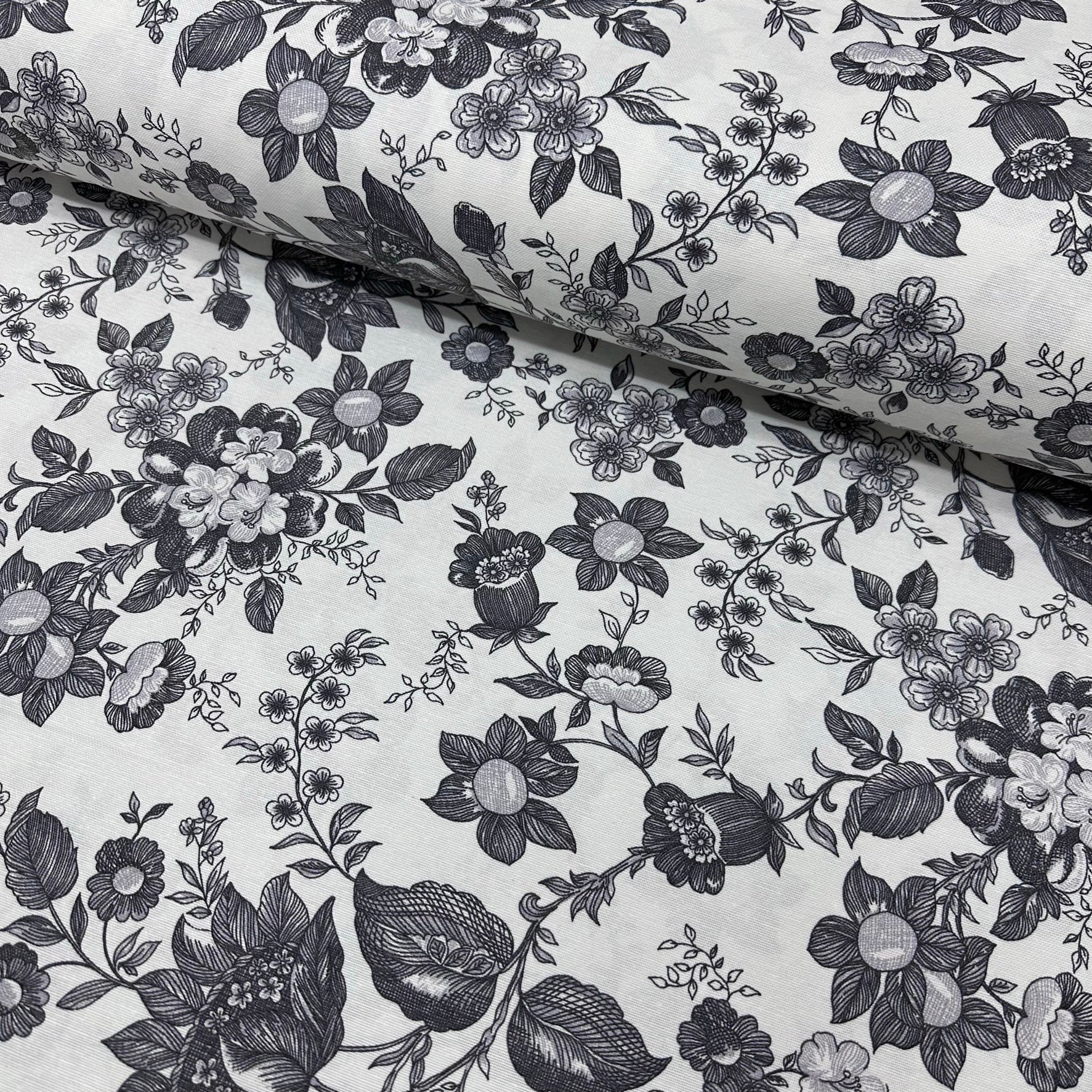 Black Ivy Flowers Panama Linen Fabric