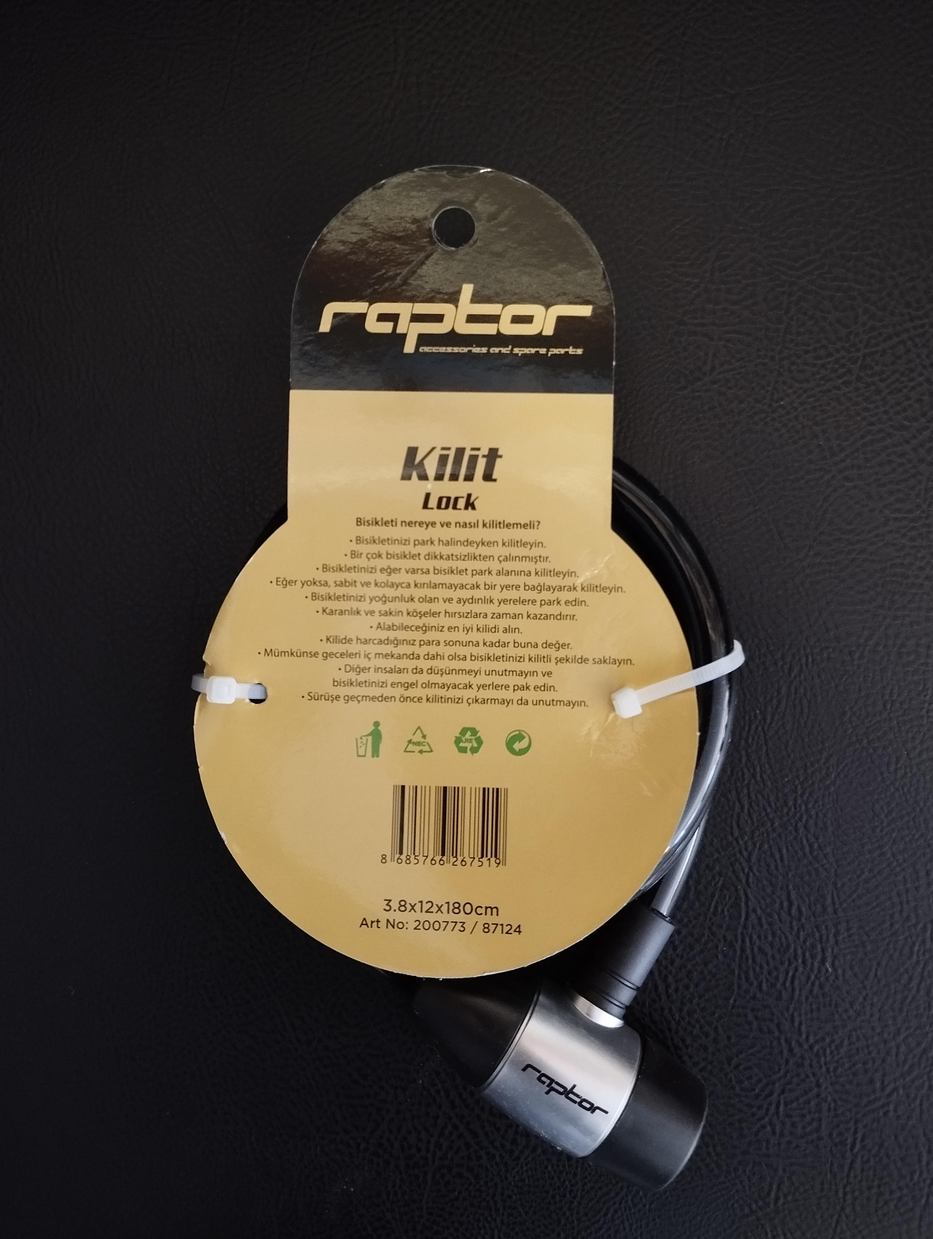 Raptor 12*180 Anahtarlı Bisiklet Kiliti / Bisiklet