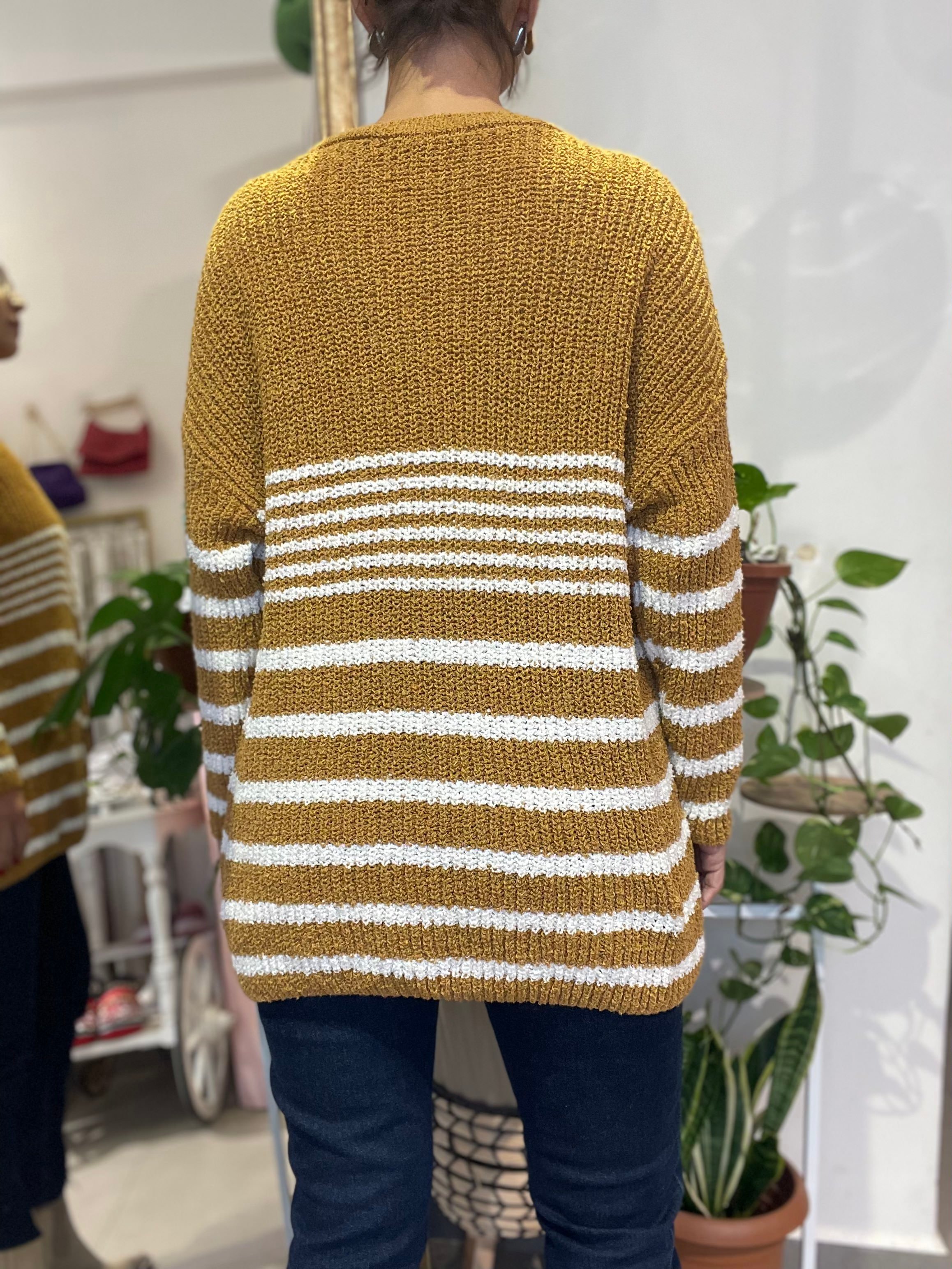 Kadın, Beyaz Çizgili, Buklet, Hardal Sarı Oversize, Yumuşak Dokulu, Triko, Kazak