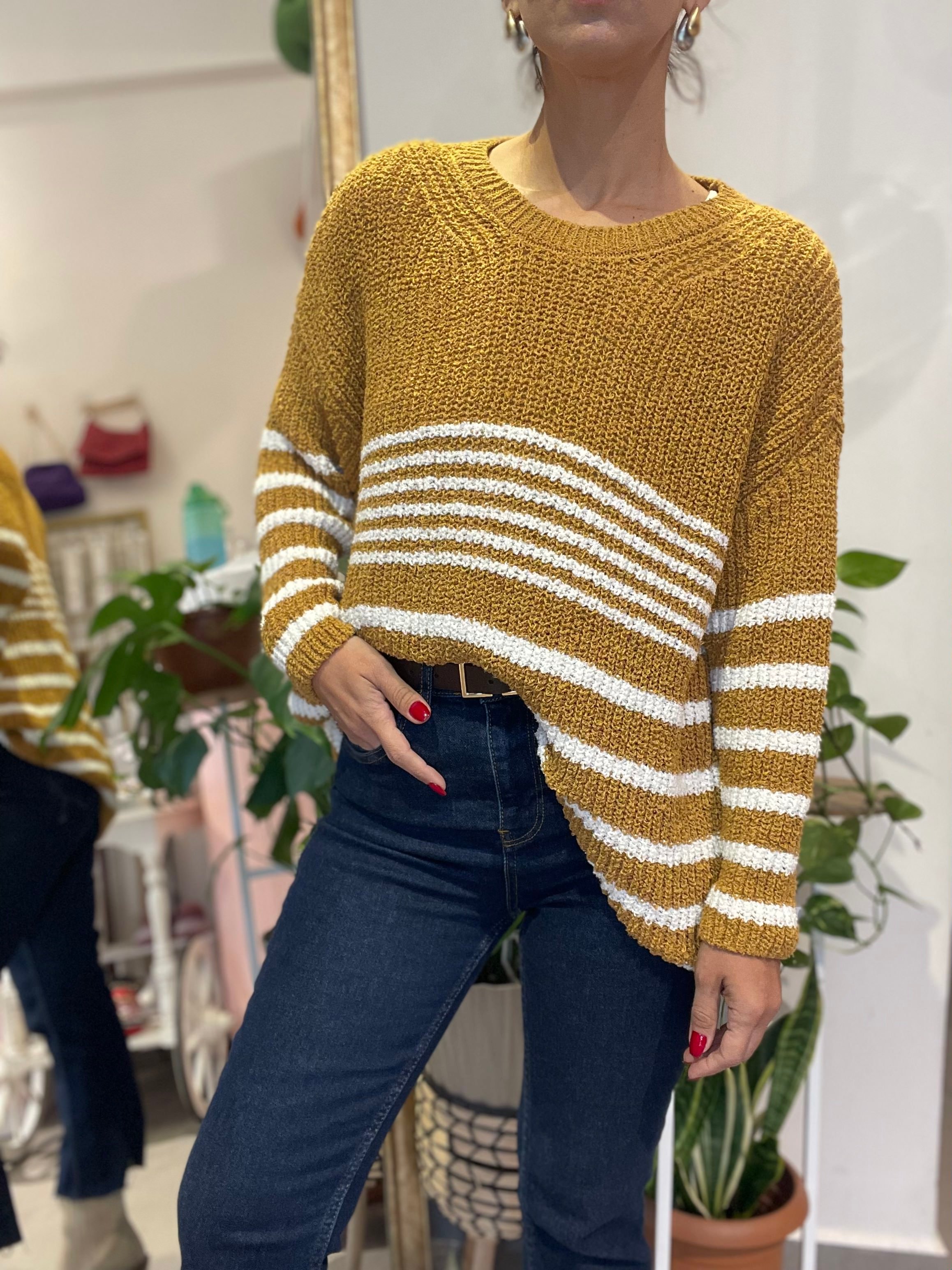Kadın, Beyaz Çizgili, Buklet, Hardal Sarı Oversize, Yumuşak Dokulu, Triko, Kazak