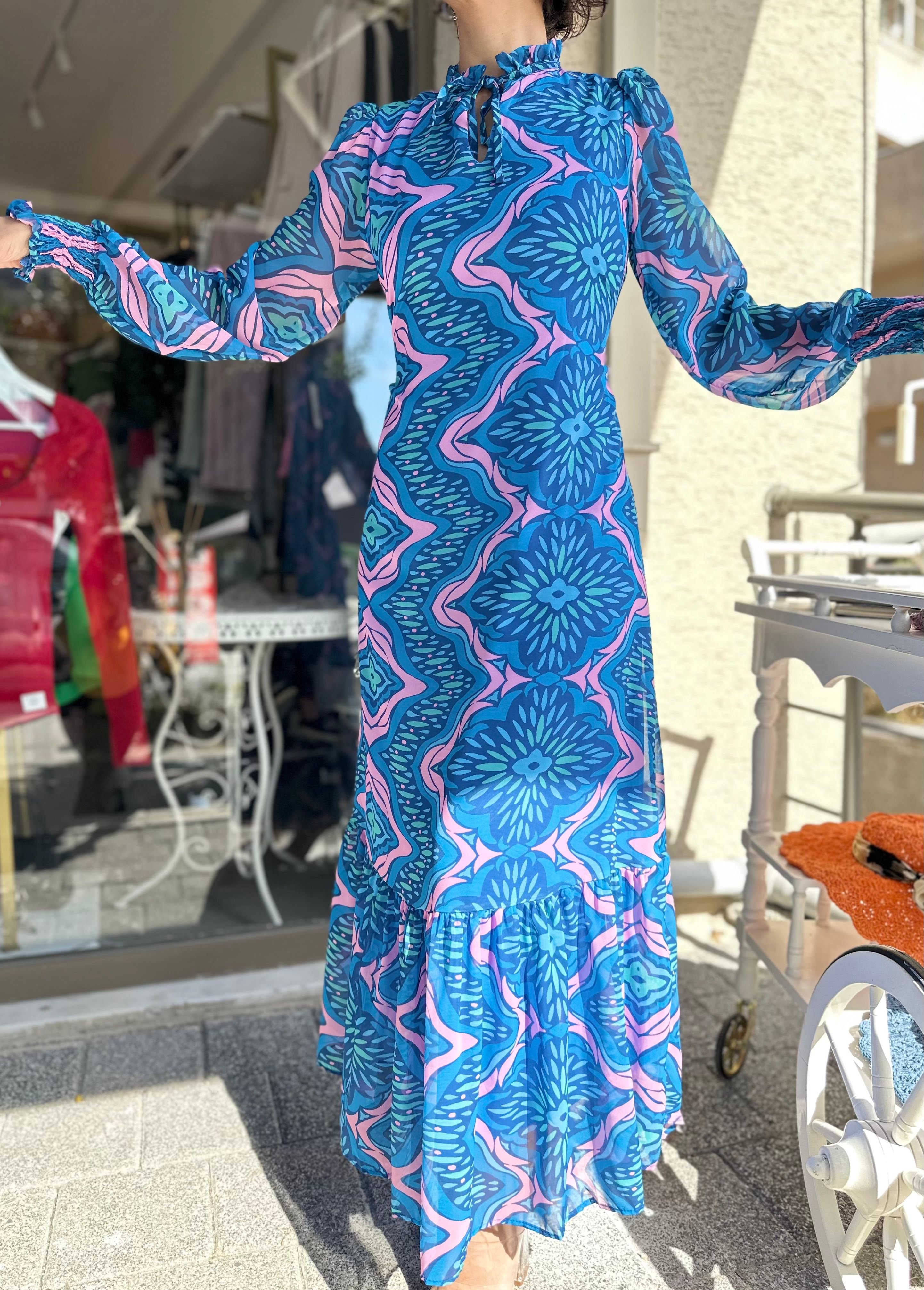 Çok Renkli, Desenli, Şifon Uzun Elbise