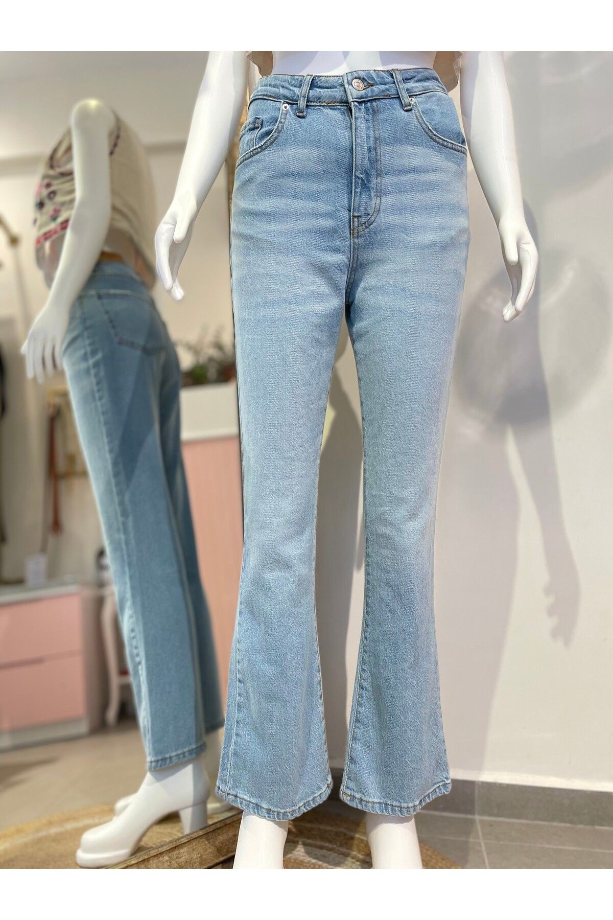 Kadın, Açık Mavi, Yüksek Bel, İspanyol Paça Jean, Denim Pantolon