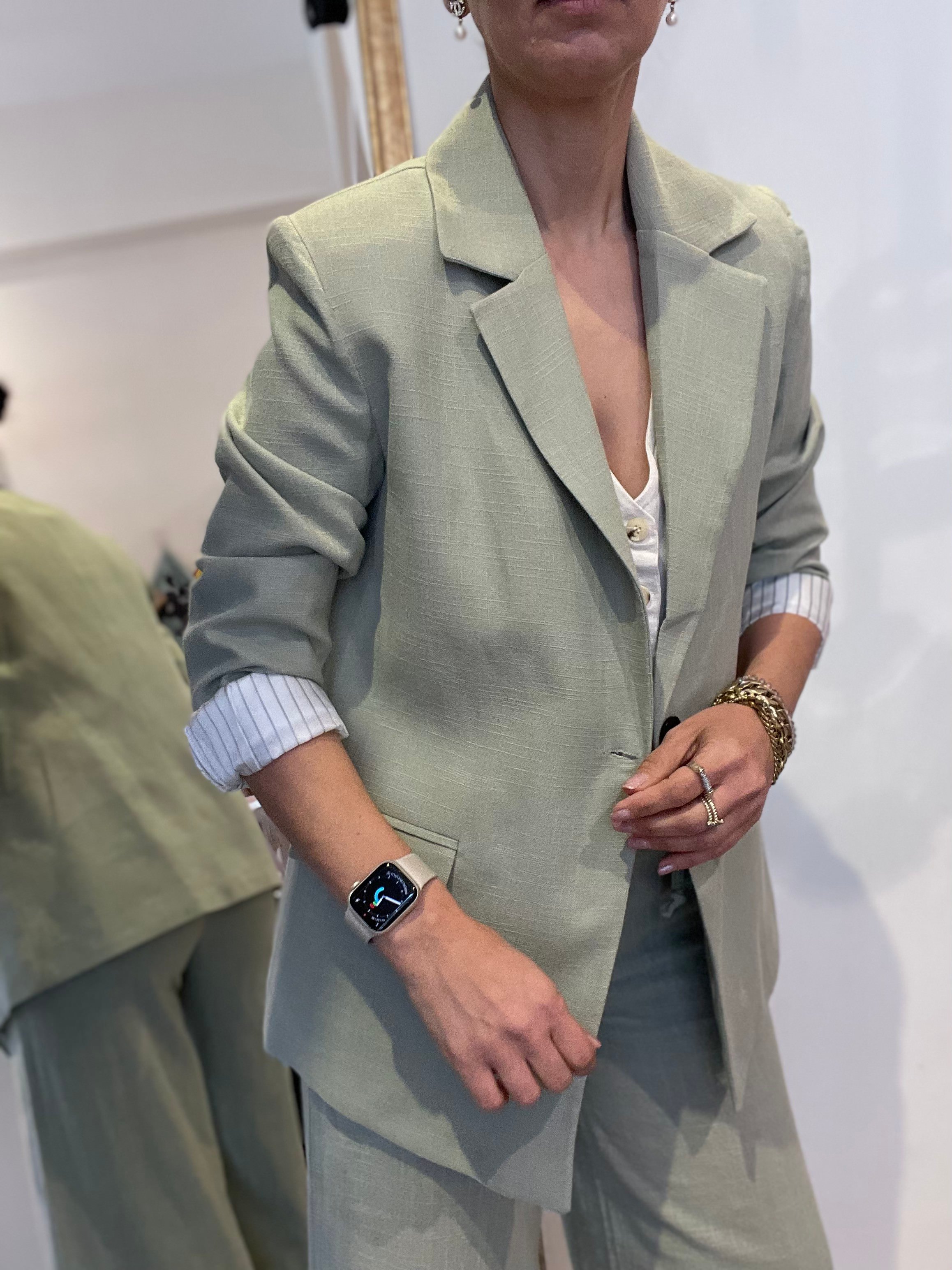 Kadın, İçi Çizgili Astarlı, Tek Düğme, Yeşil, Keten Blazer Ceket