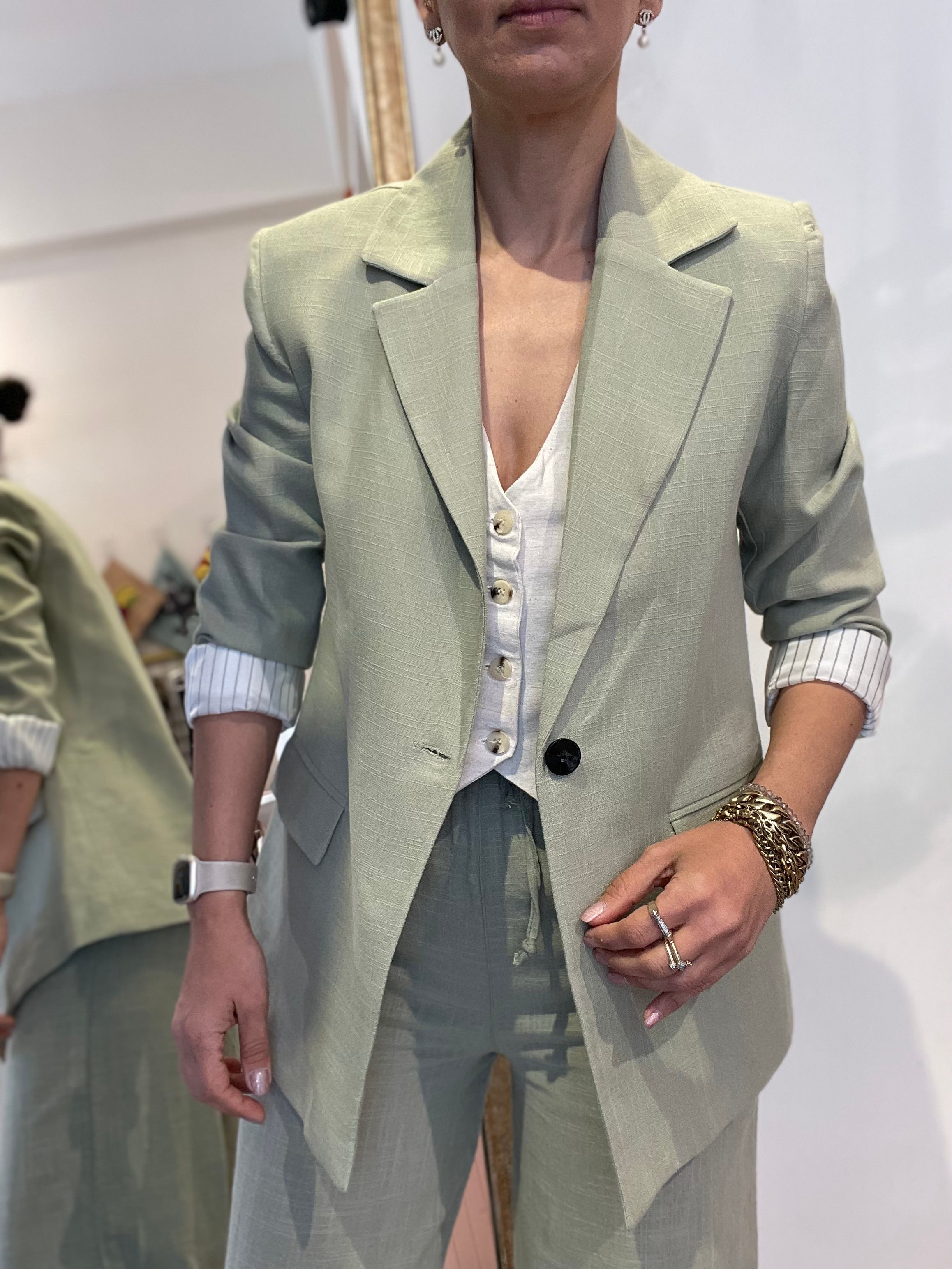 Kadın, İçi Çizgili Astarlı, Tek Düğme, Yeşil, Keten Blazer Ceket