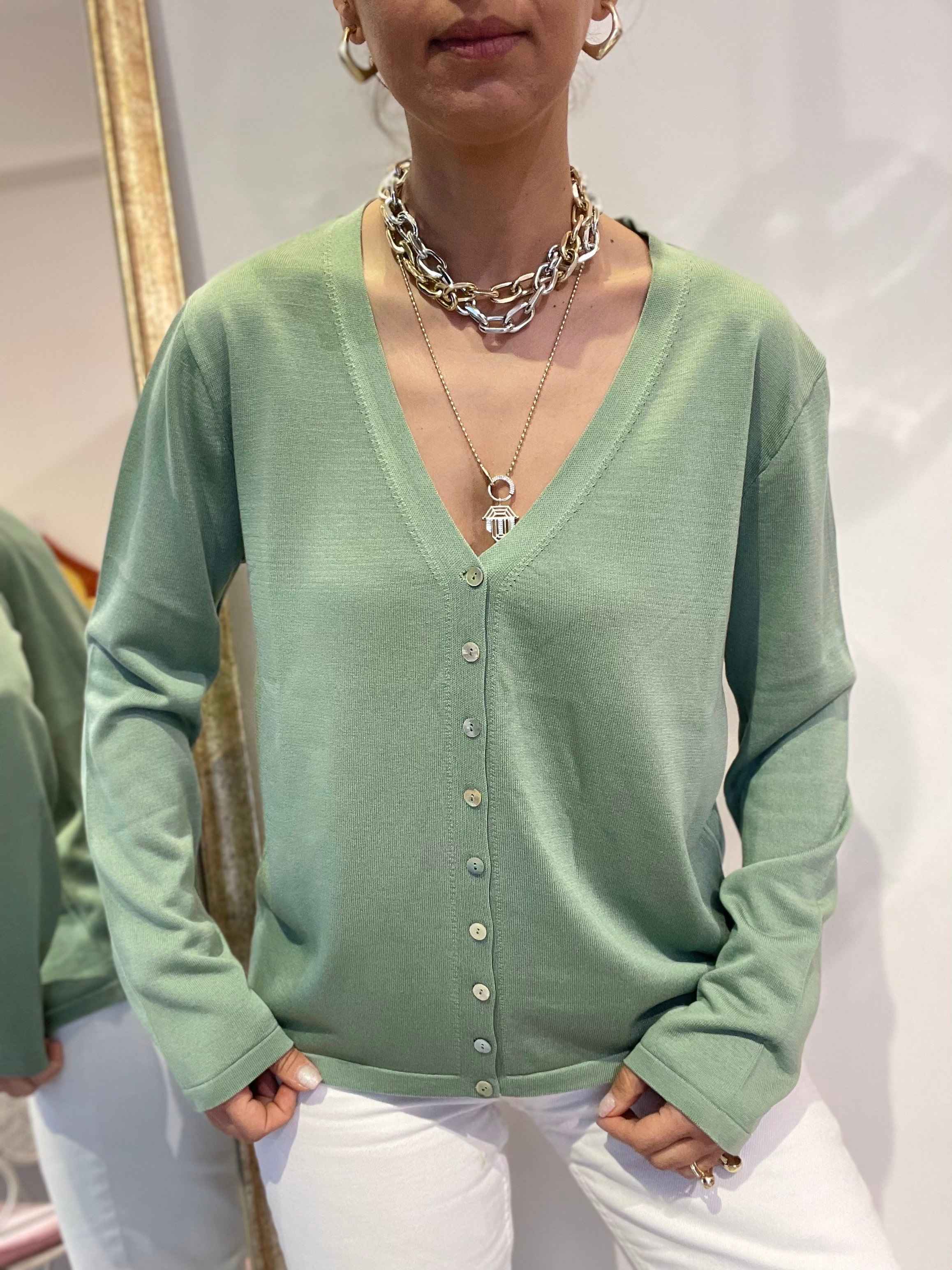 Kadın, Önden Düğmeli, V Yaka, %100 Viscose, Uzun Kollu, Triko, Hırka - yeşil