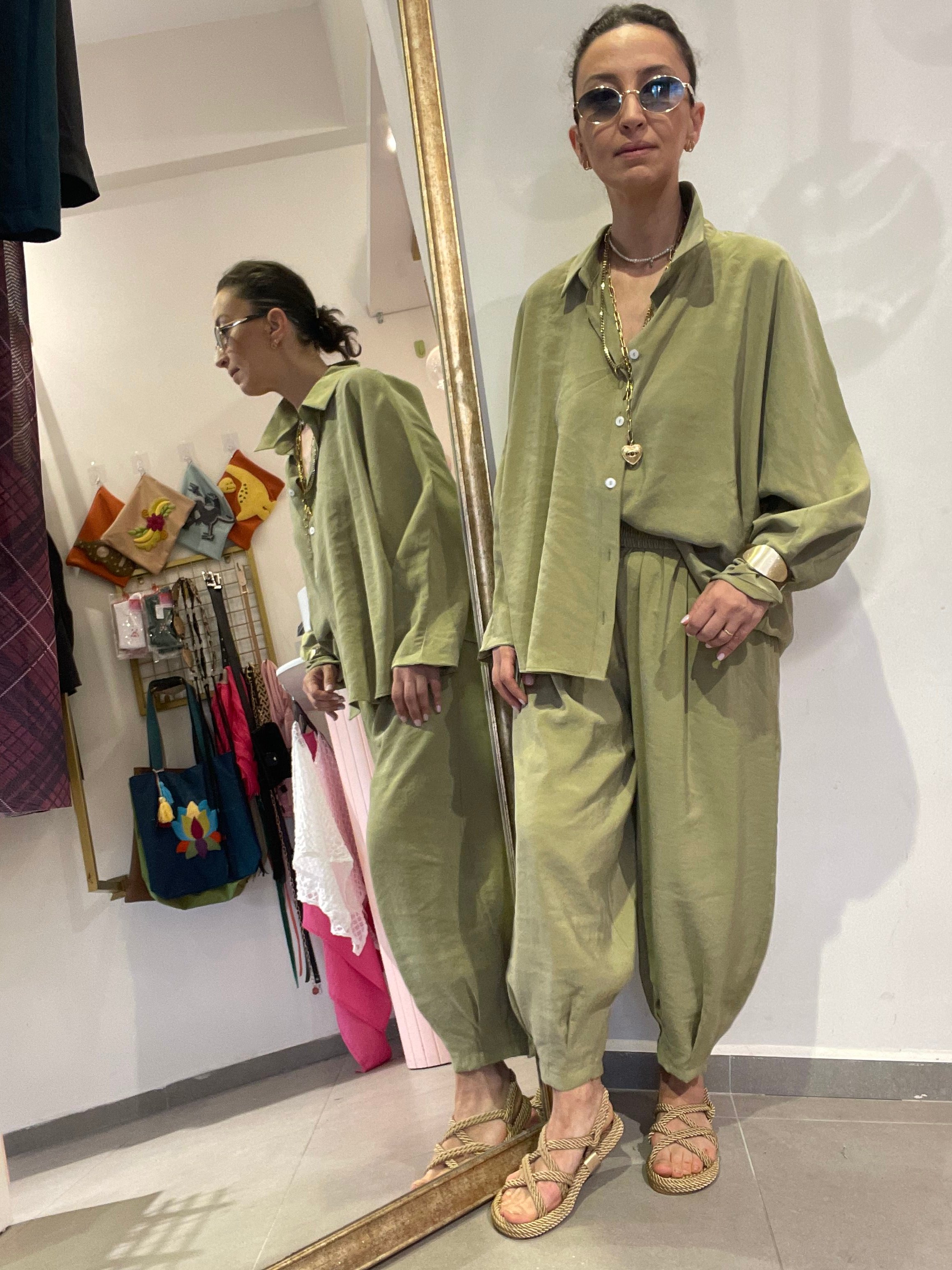 Kadın, Tensel Kumaş, Gömlek Pantolon, Bol-Oversize Kalıp, Yeşil Alt Üst Takım