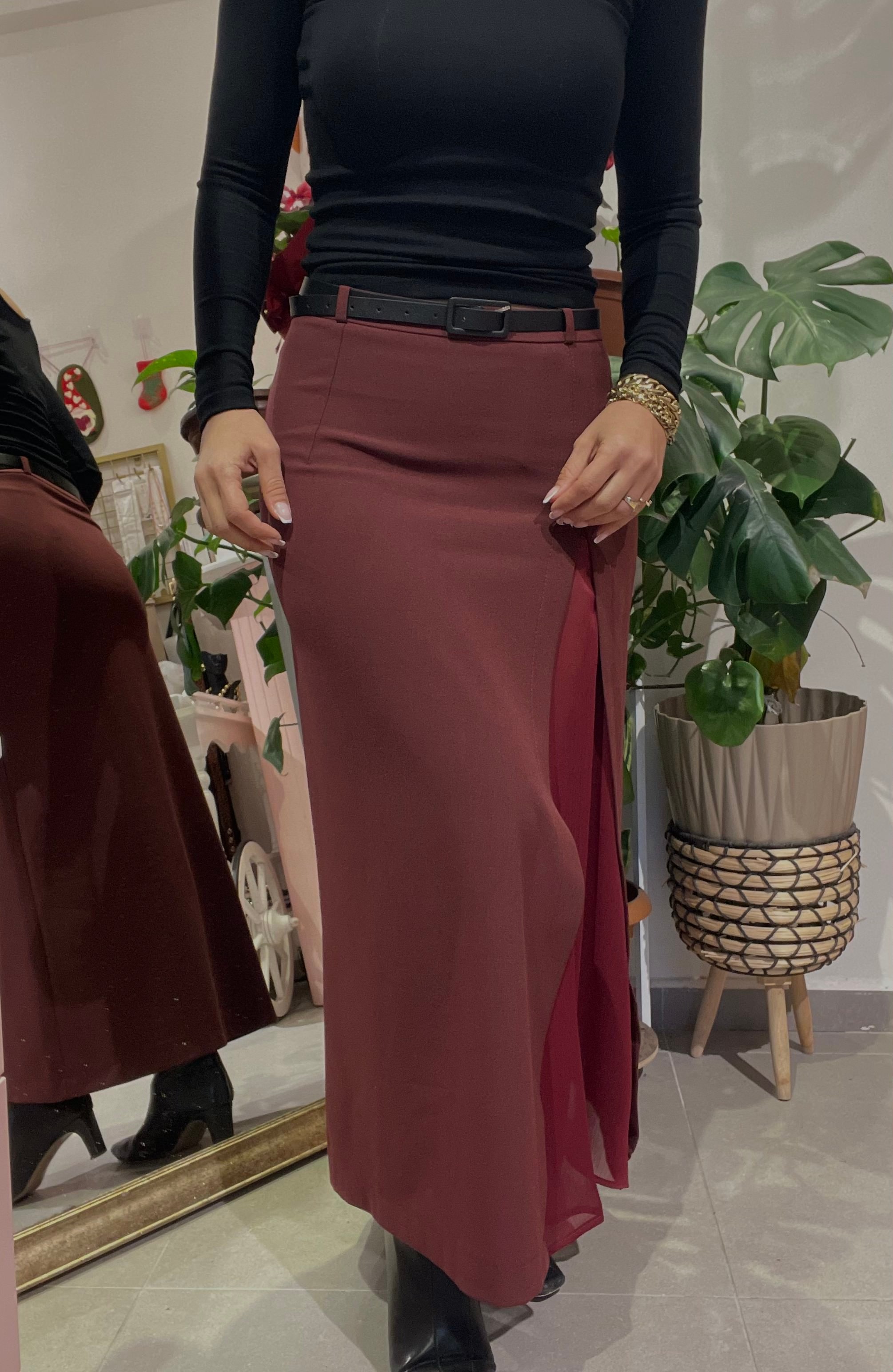 Kadın, Yırtmaçlı, Yırtmacı Bordo Tül Detaylı, Yüksek Bel, Fermuarlı, Midi, Bordo Etek