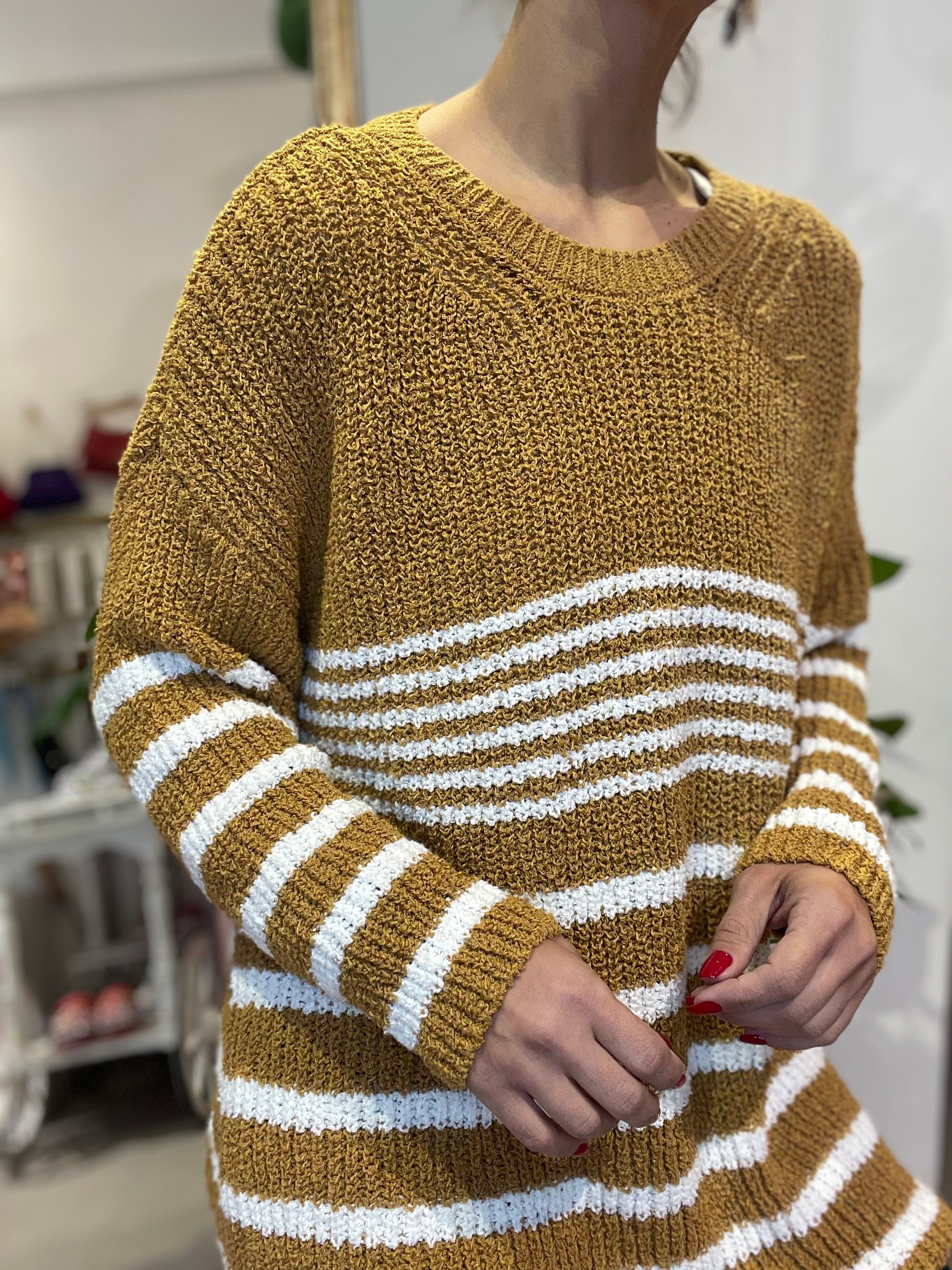 Kadın, Beyaz Çizgili, Buklet, Hardal Sarı Oversize, Yumuşak Dokulu, Triko, Kazak