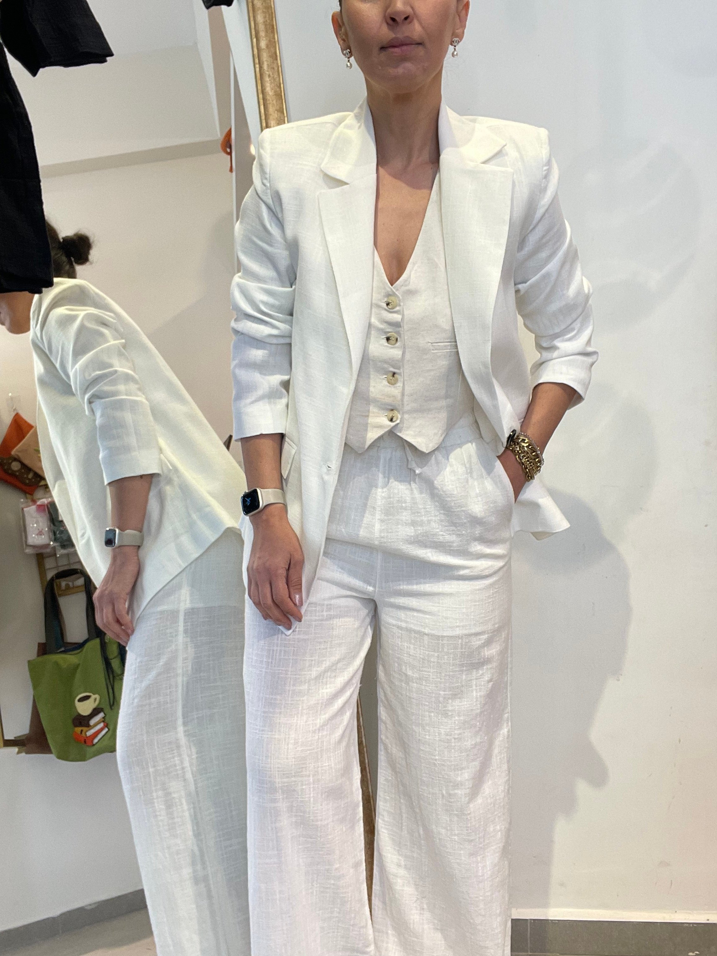 Kadın, İçi Çizgili Astarlı, Tek Düğme, Ekru, Keten Blazer Ceket