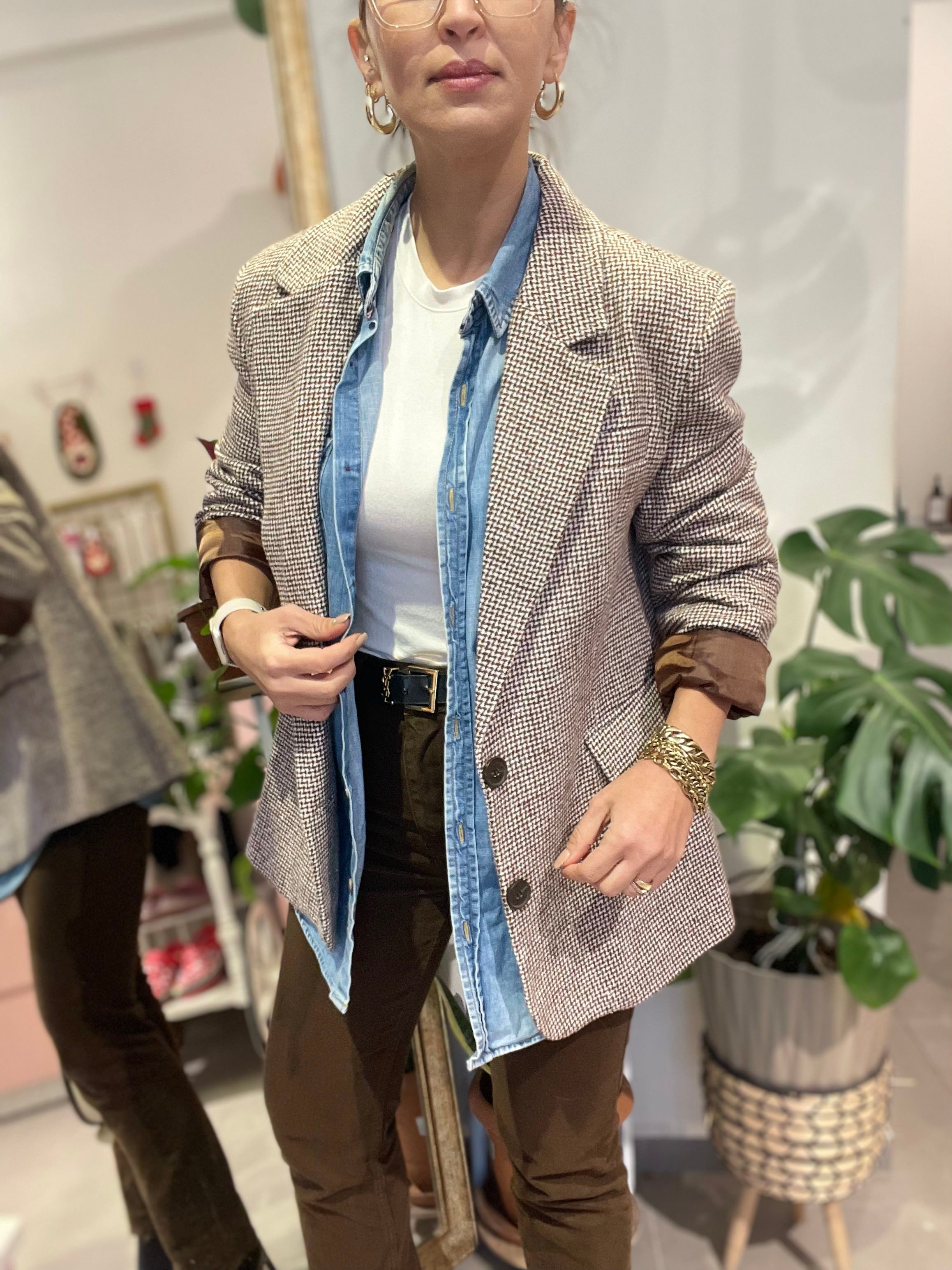 Kadın, Çift Düğme Kapamalı, Acı Kahverengi Astarlı, Zigzag Desenli Blazer Ceket