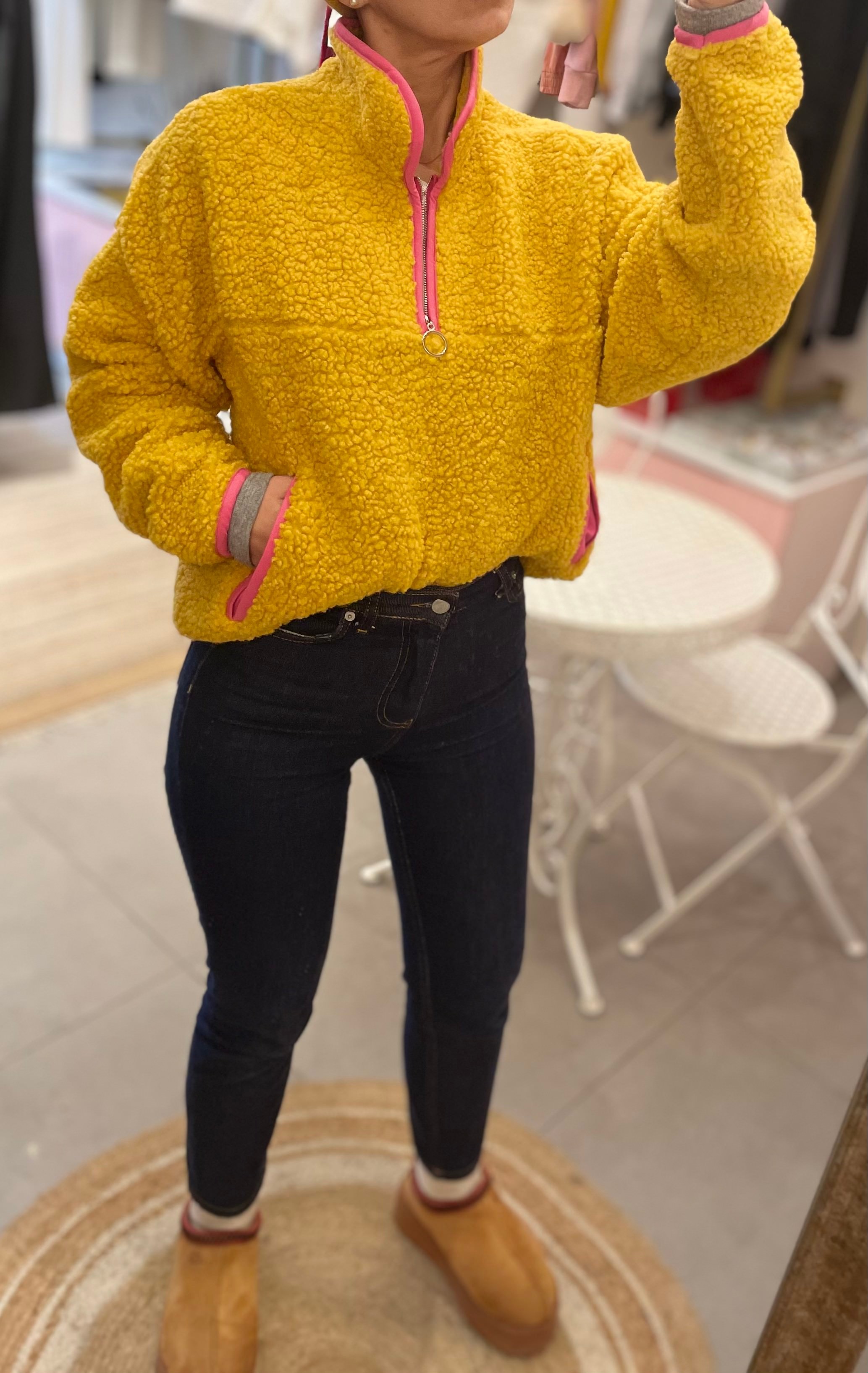 Buklet, Fermuar Detaylı, Hardal Sarı Sweatshirt