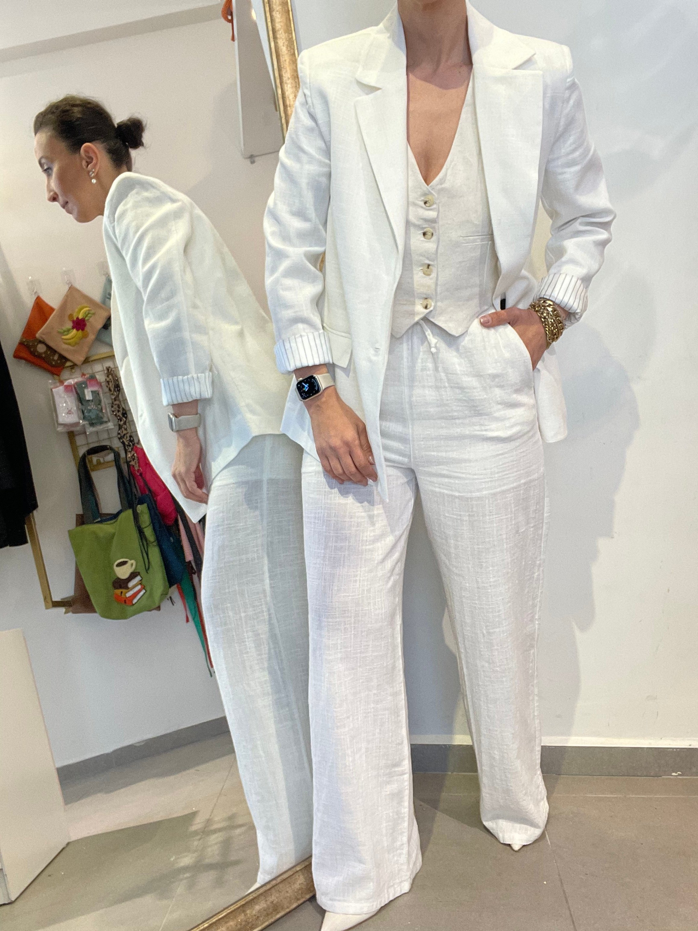 Kadın, İçi Çizgili Astarlı, Tek Düğme, Ekru, Keten Blazer Ceket