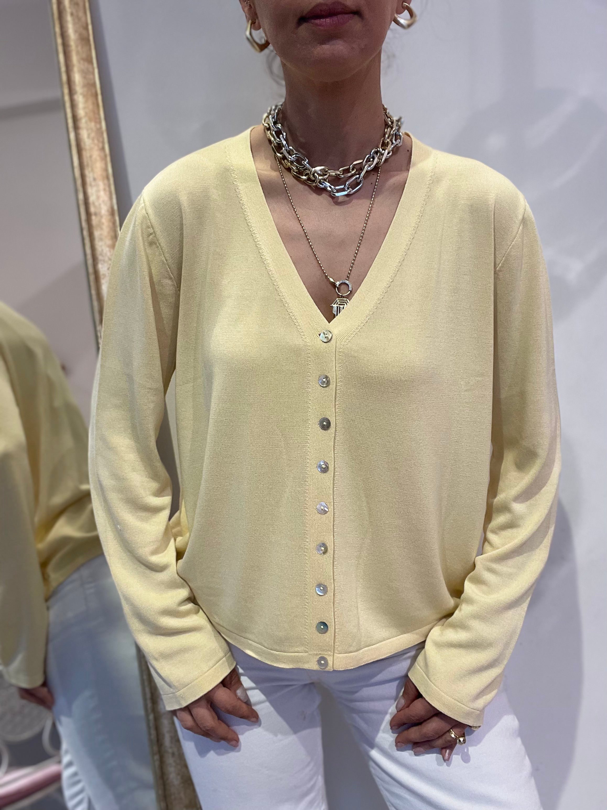 Kadın, Önden Düğmeli, V Yaka, %100 Viscose, Uzun Kollu, Triko, Hırka - sarı