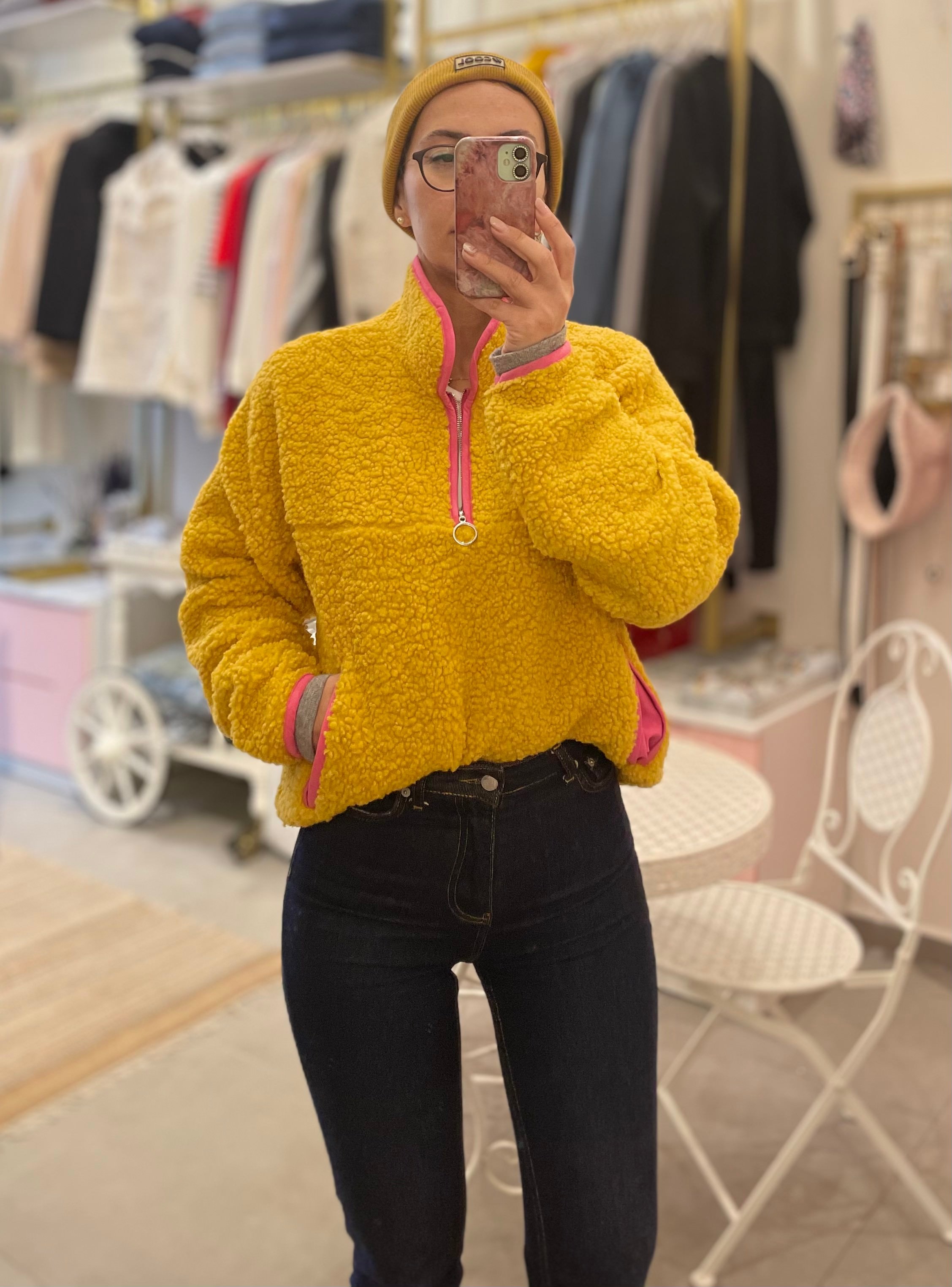 Buklet, Fermuar Detaylı, Hardal Sarı Sweatshirt