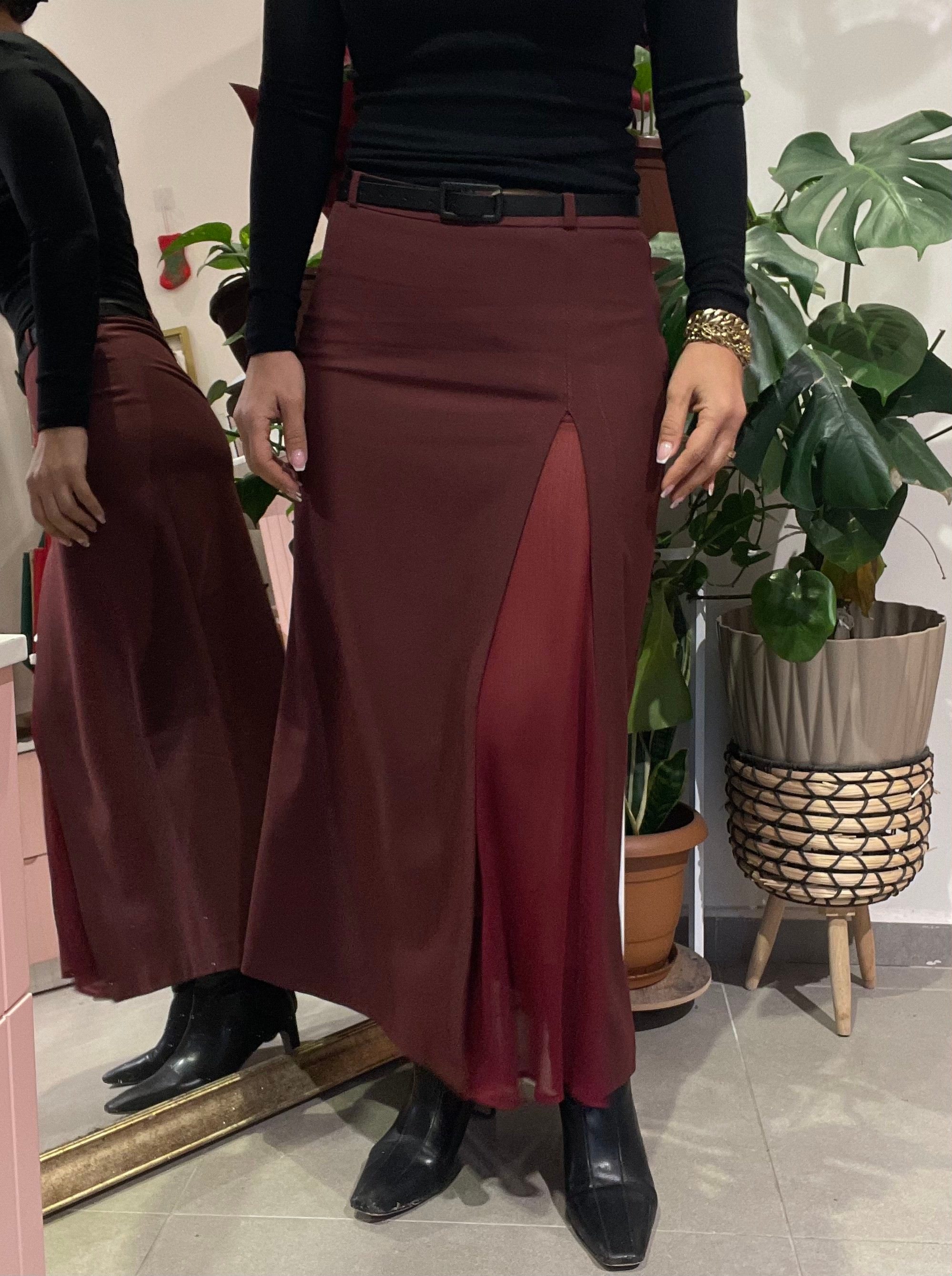 Kadın, Yırtmaçlı, Yırtmacı Bordo Tül Detaylı, Yüksek Bel, Fermuarlı, Midi, Bordo Etek