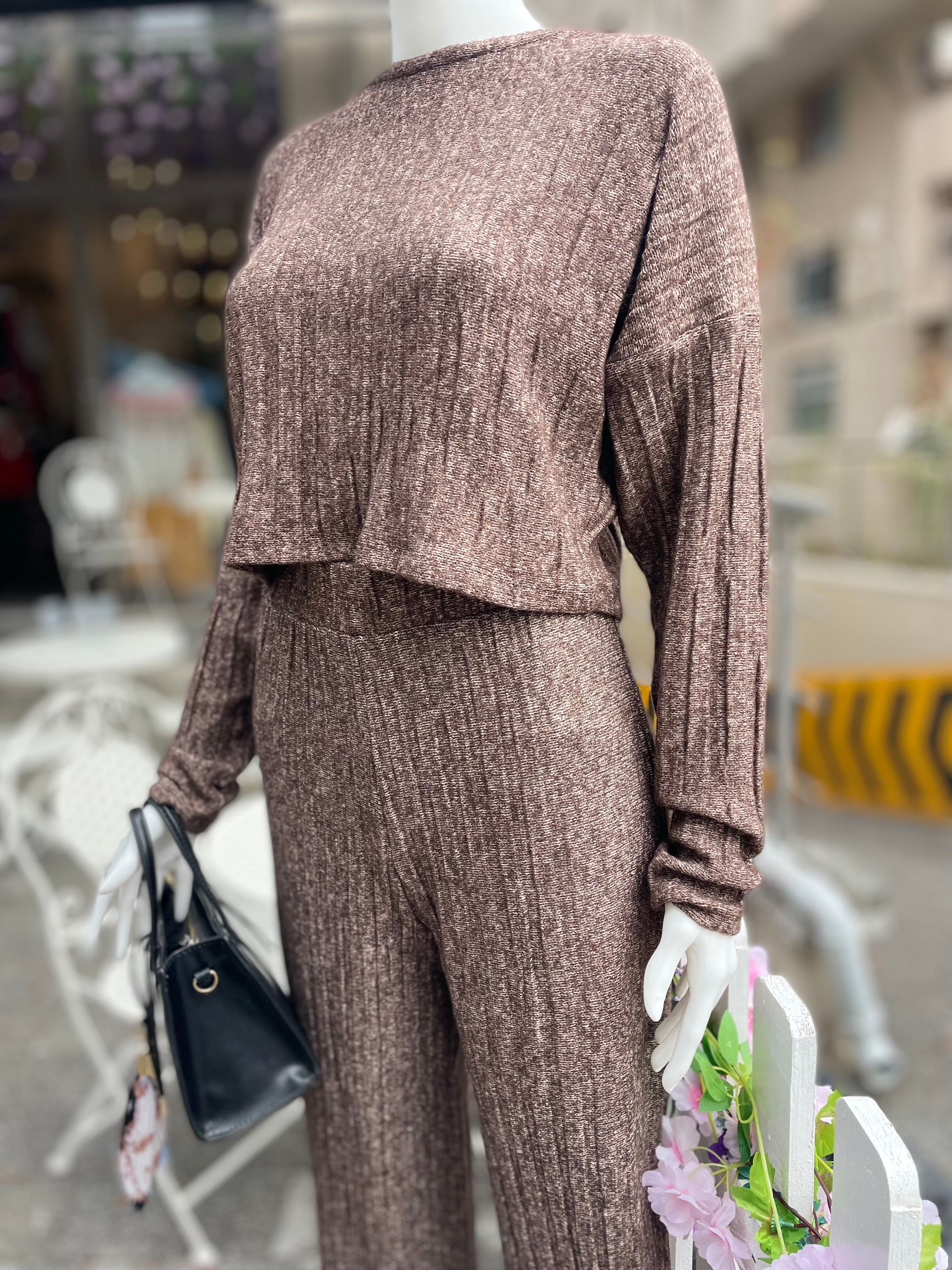 Kahve, Bisiklet Yaka, Fitilli, Üstü Crop, Bol Paça Triko Takım