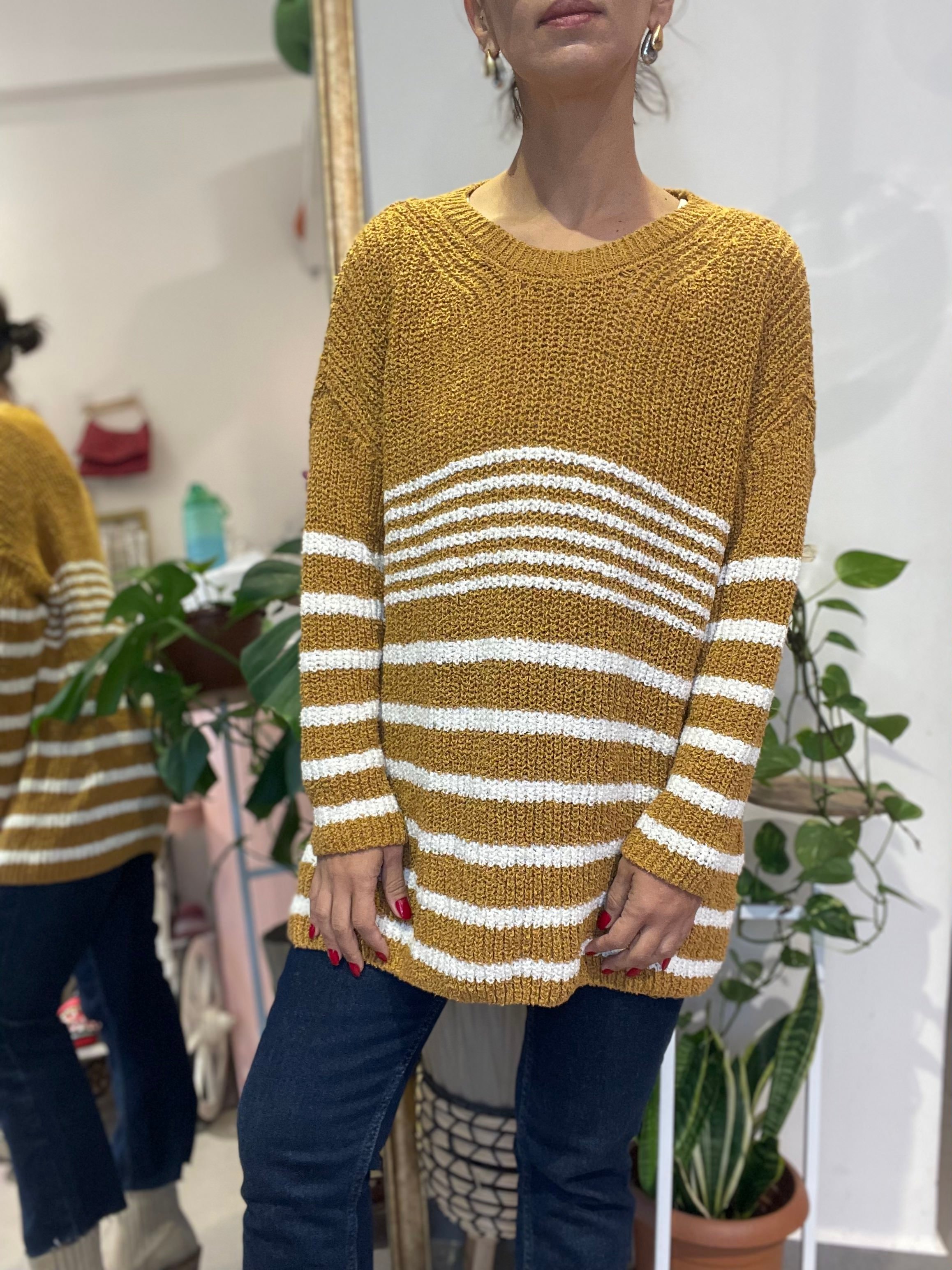 Kadın, Beyaz Çizgili, Buklet, Hardal Sarı Oversize, Yumuşak Dokulu, Triko, Kazak