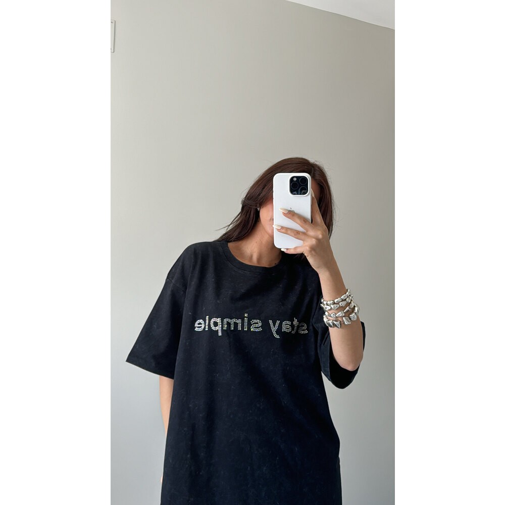 Yıkamalı taşlı oversize tshirt elbise