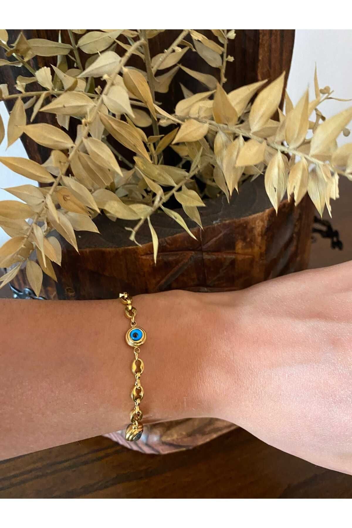 Nazar Boncuklu Çelik Gold Bileklik
