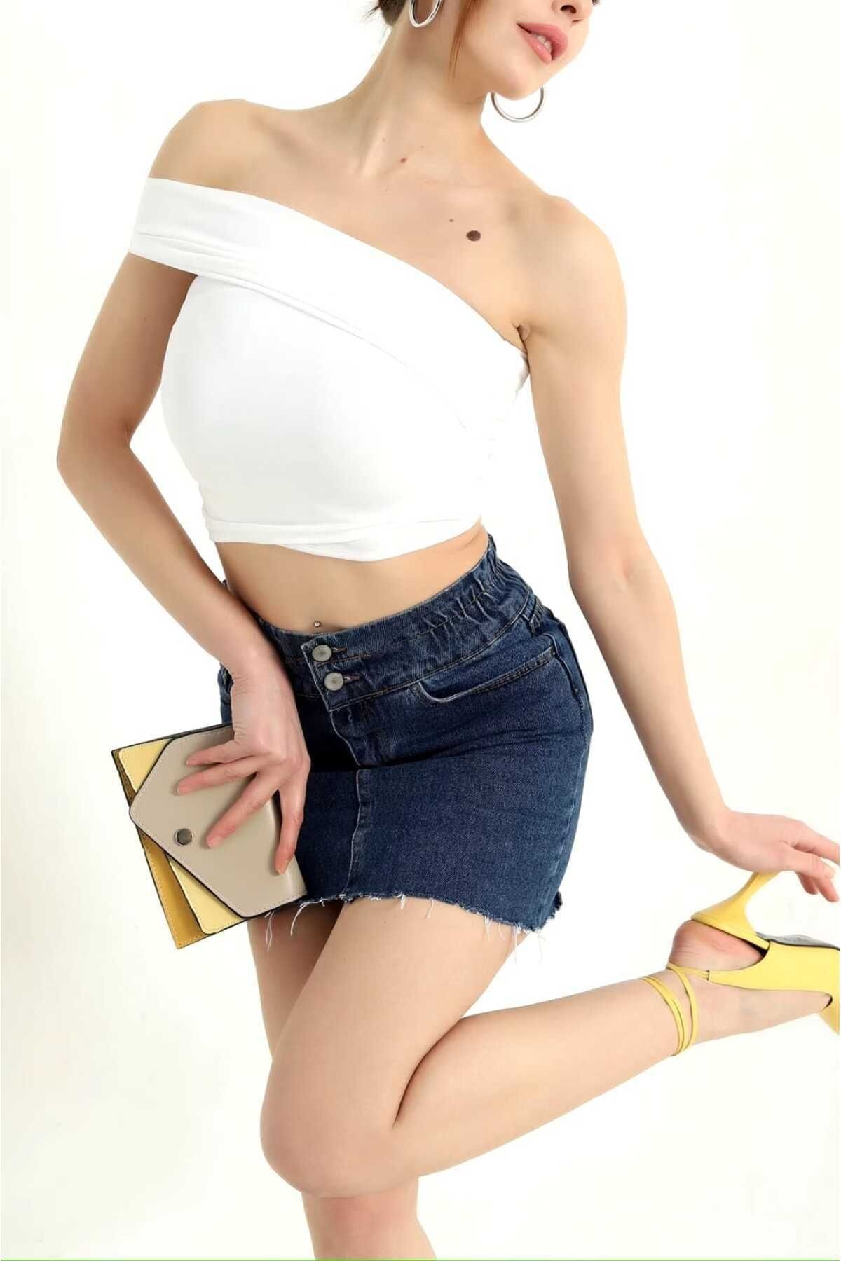 Asimetrik Yakalı Likralı Crop Bluz
