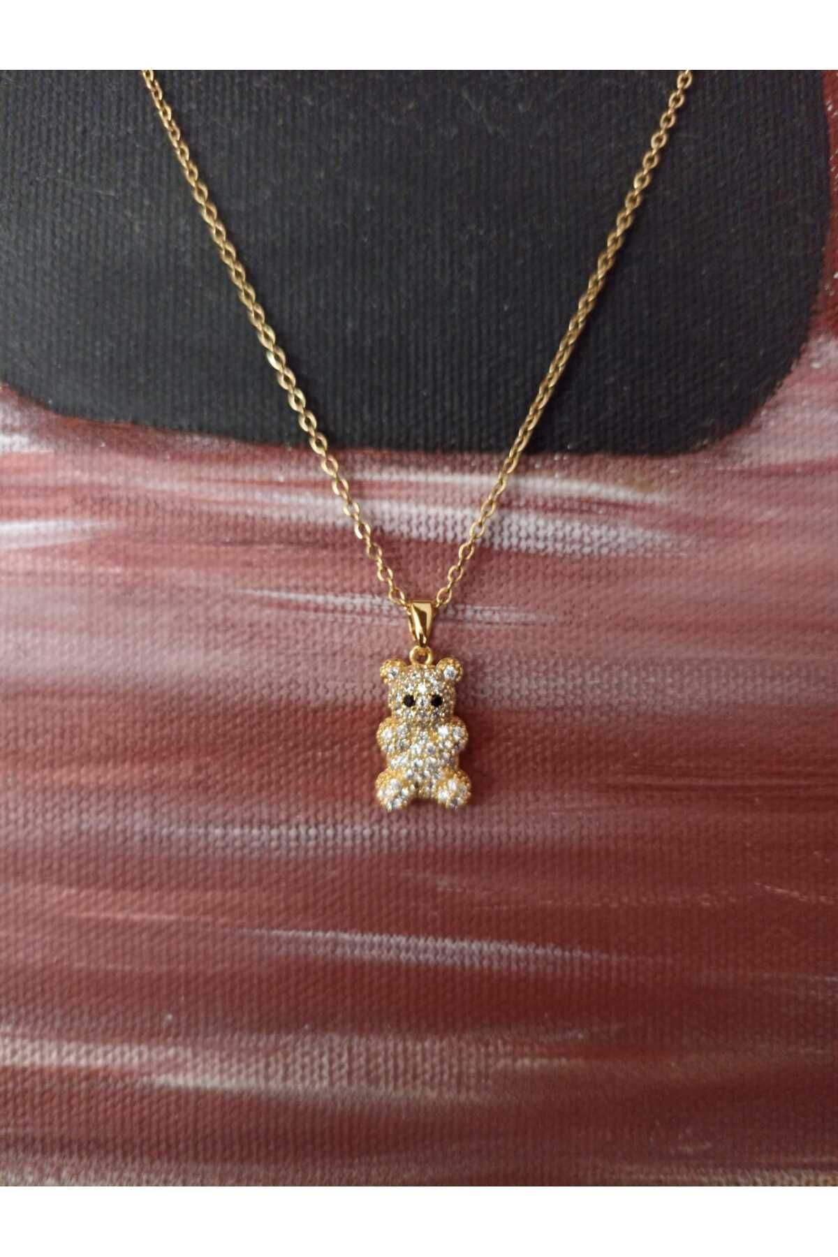 Taşlı Ayıcık Figürlü Çelik Gold Kolye