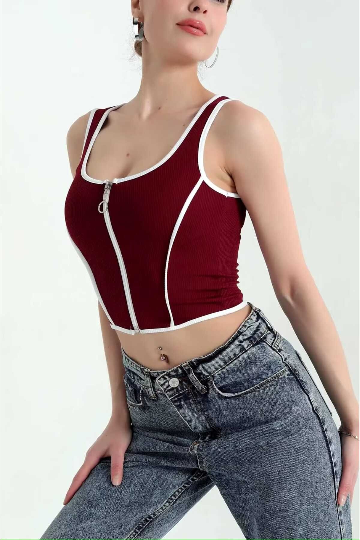 Önden Fermuarlı Biyeli Kalın Askılı Crop Bluz