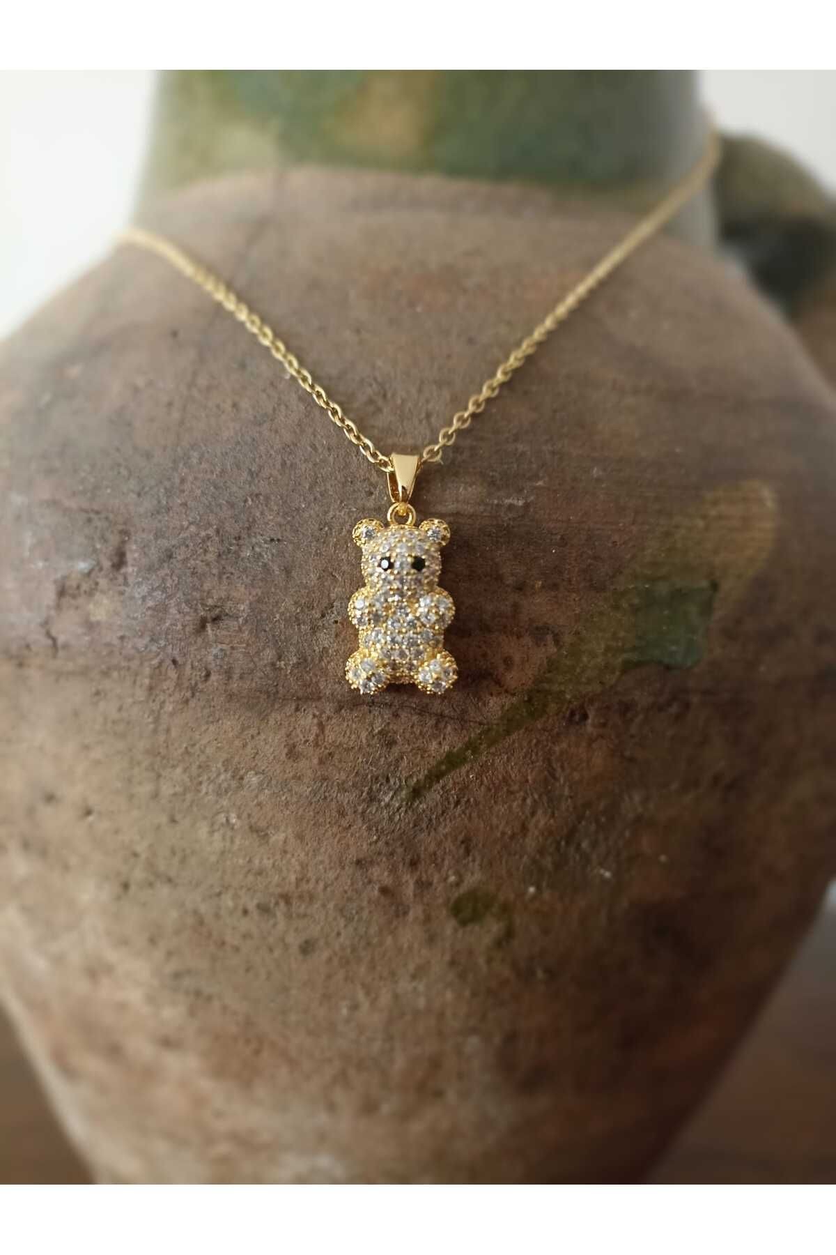 Taşlı Ayıcık Figürlü Çelik Gold Kolye